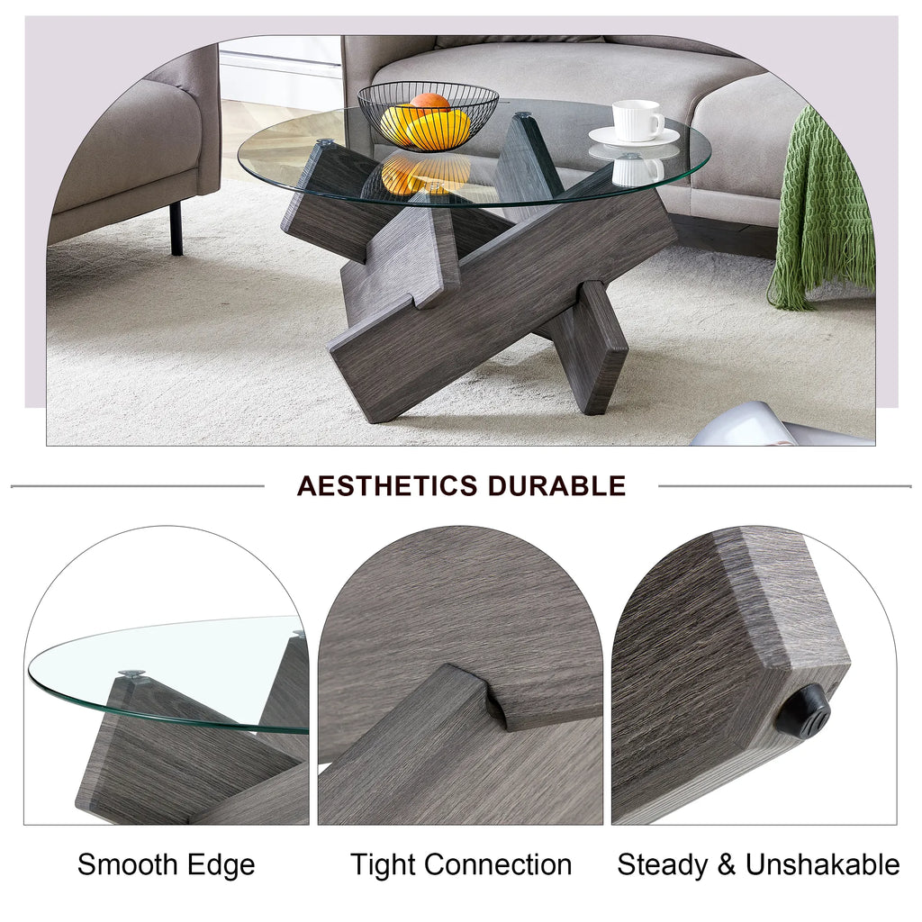 33" Modern Round Glass Top Coffee Table With Wood Legs