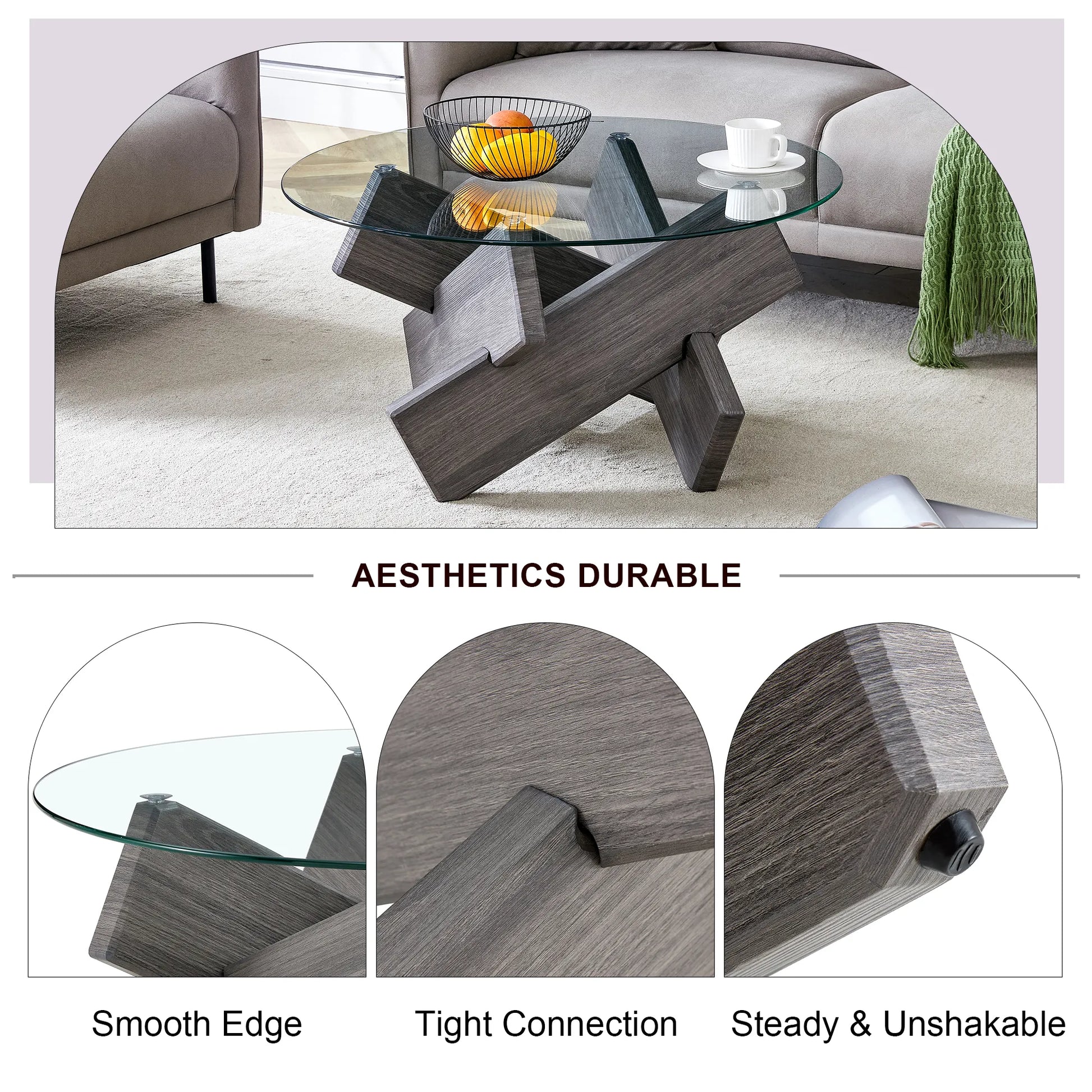 33" Modern Round Glass Top Coffee Table With Wood Legs