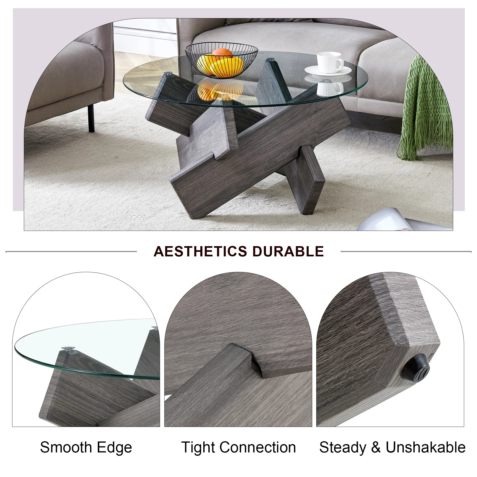 33" Modern Round Glass Top Coffee Table With Wood Legs