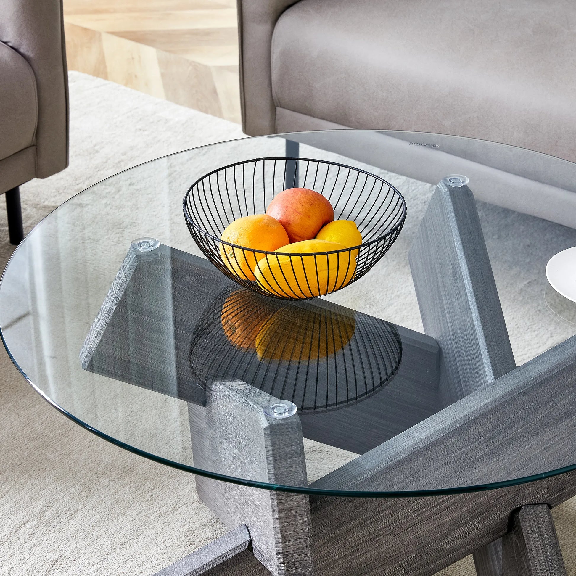 33" Modern Round Glass Top Coffee Table With Wood Legs