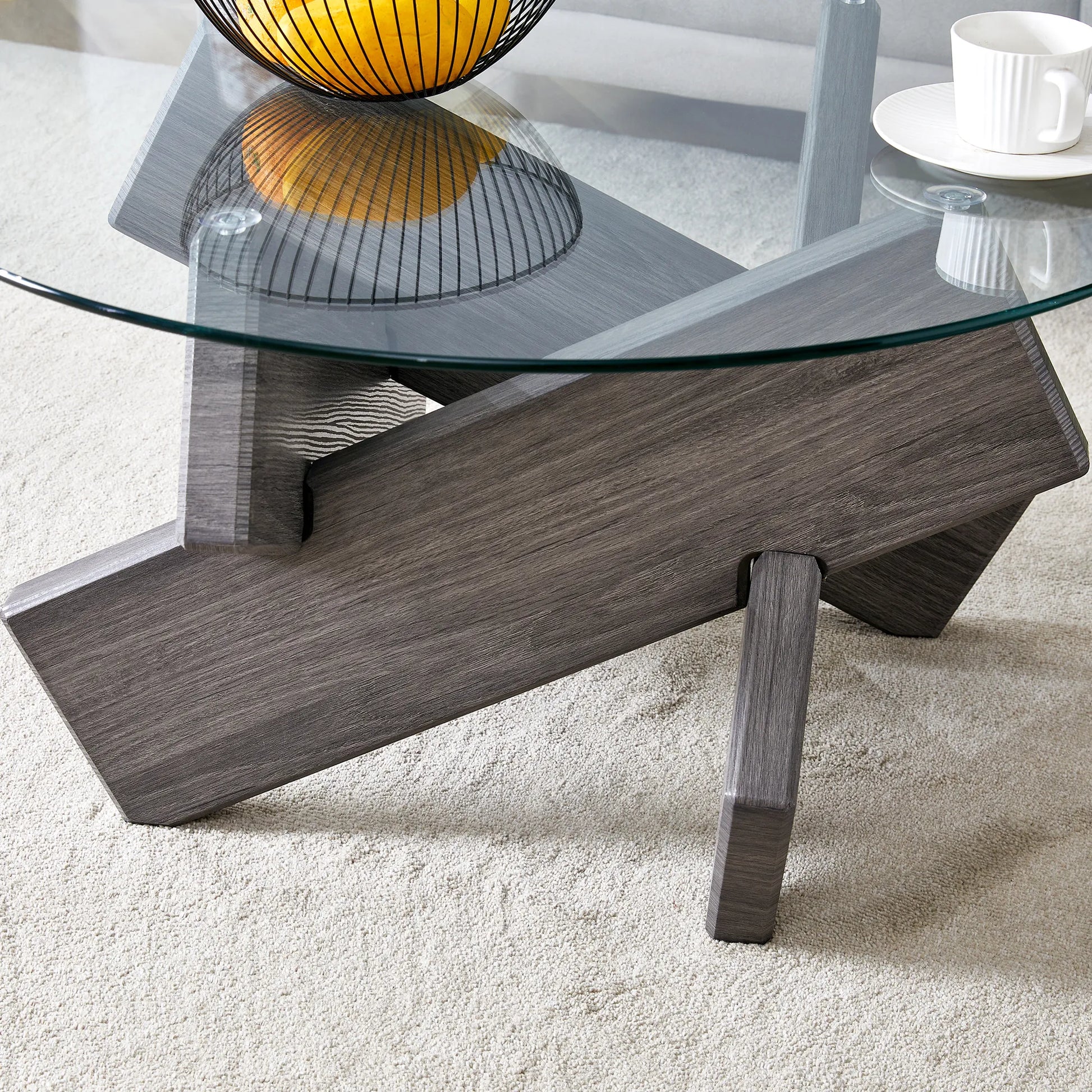 33" Modern Round Glass Top Coffee Table With Wood Legs