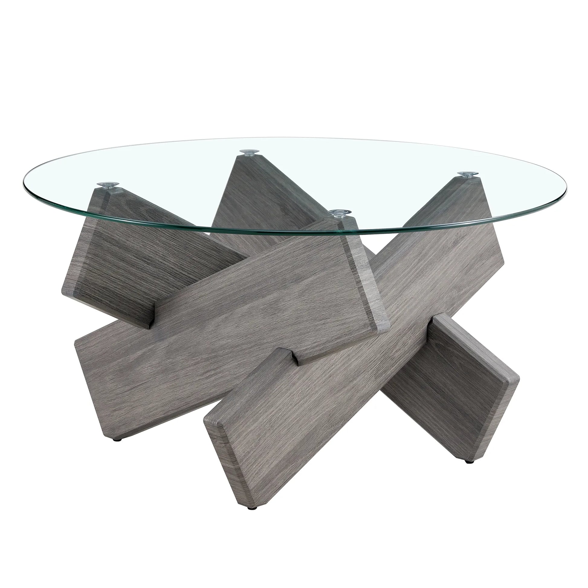 33" Modern Round Glass Top Coffee Table With Wood Legs