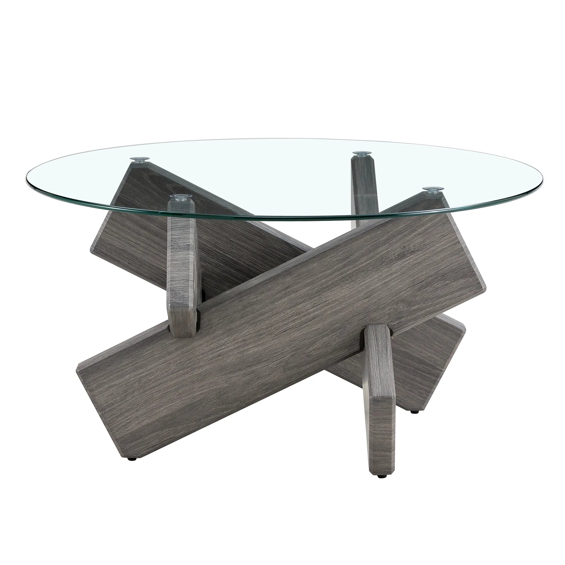33" Modern Round Glass Top Coffee Table With Wood Legs