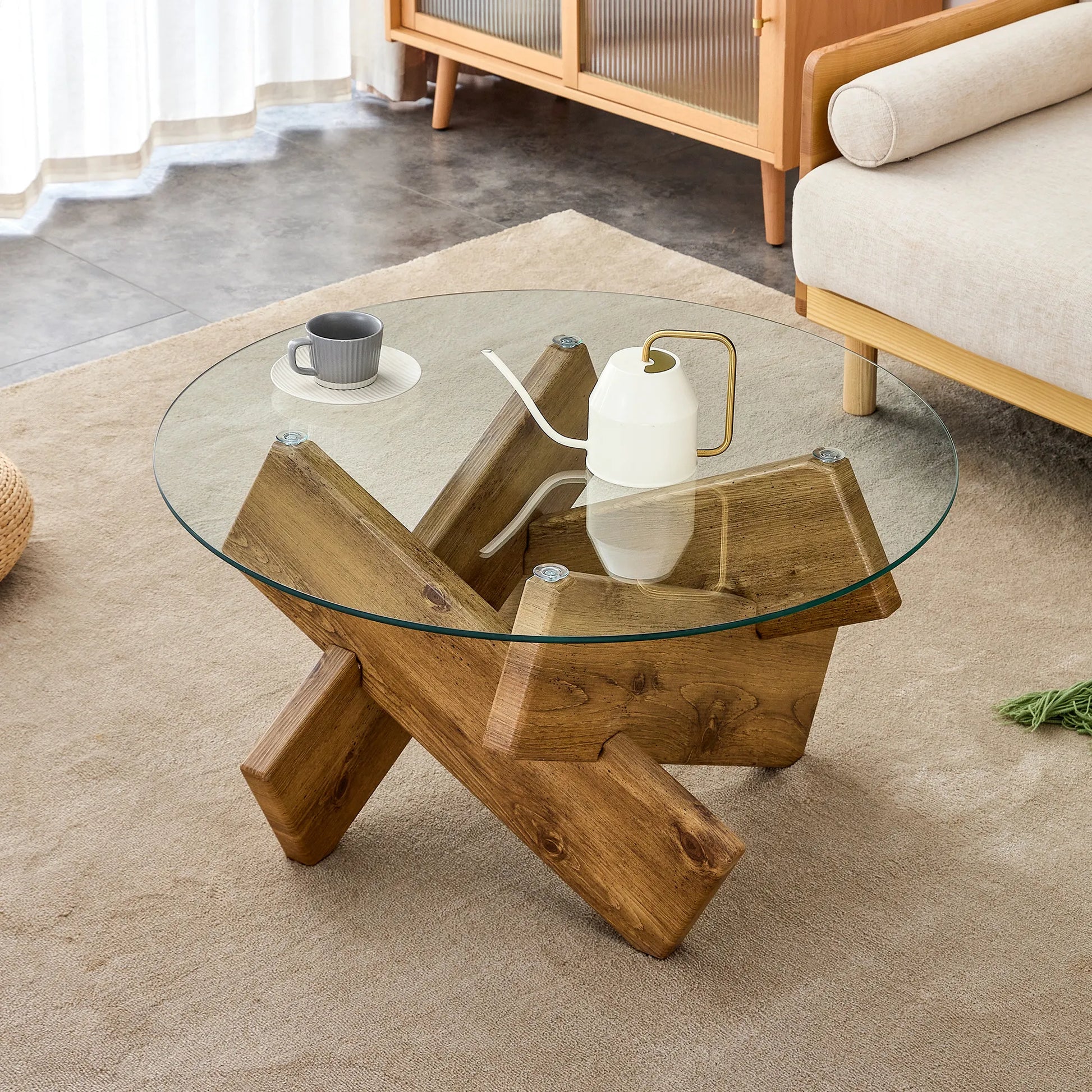 33" Modern Round Glass Top Coffee Table With Wood Legs