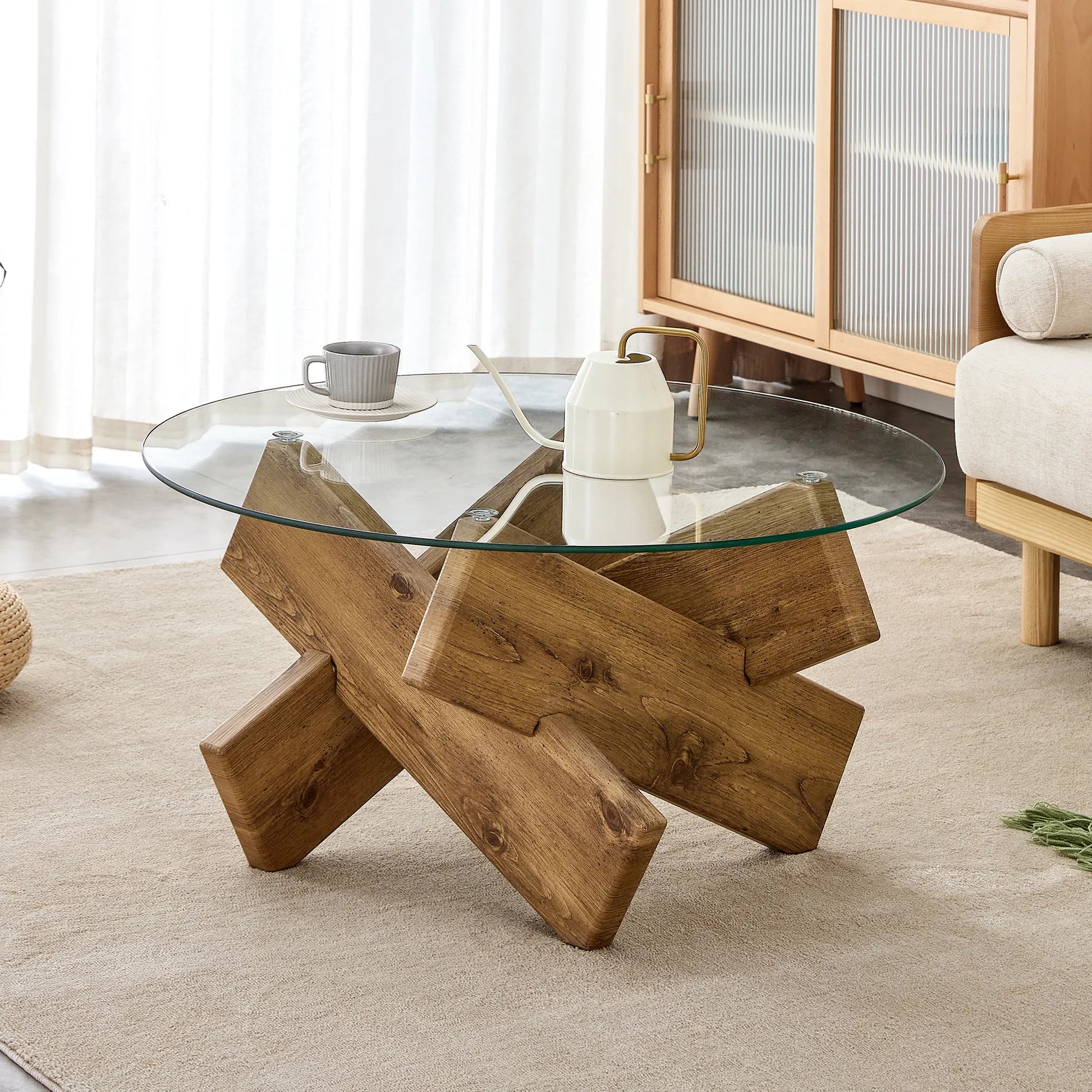 33" Modern Round Glass Top Coffee Table With Wood Legs