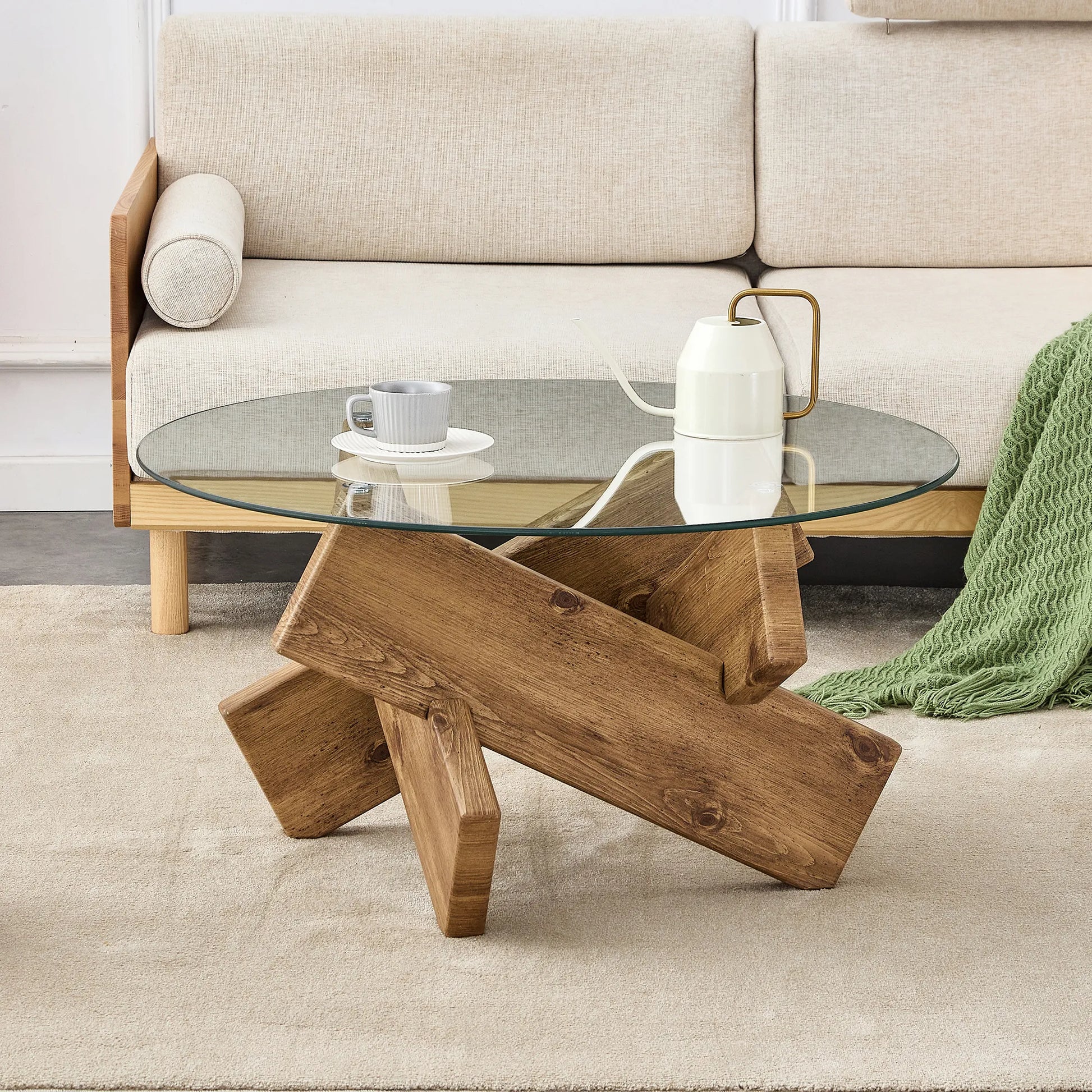 33" Modern Round Glass Top Coffee Table With Wood Legs