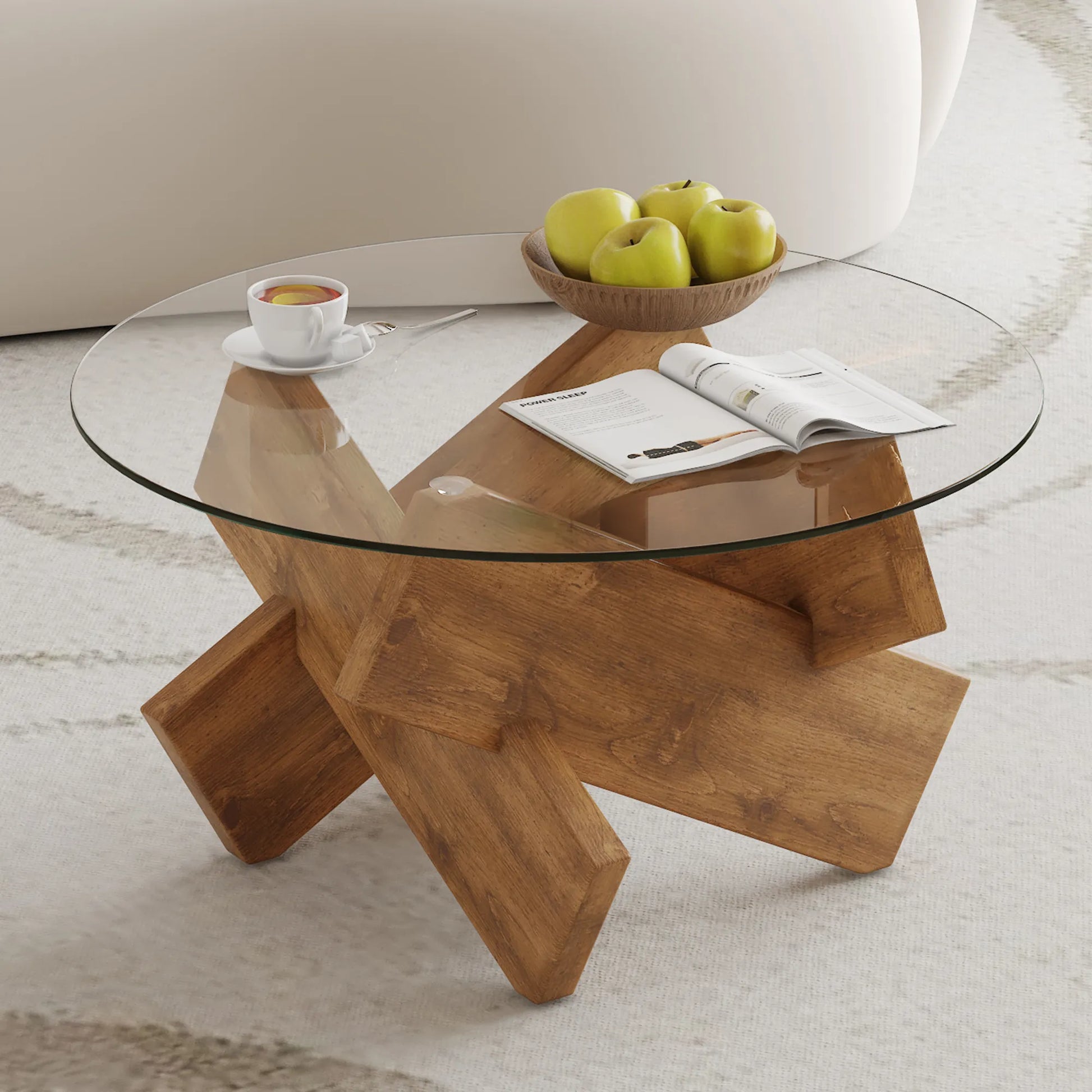 33" Modern Round Glass Top Coffee Table With Wood Legs