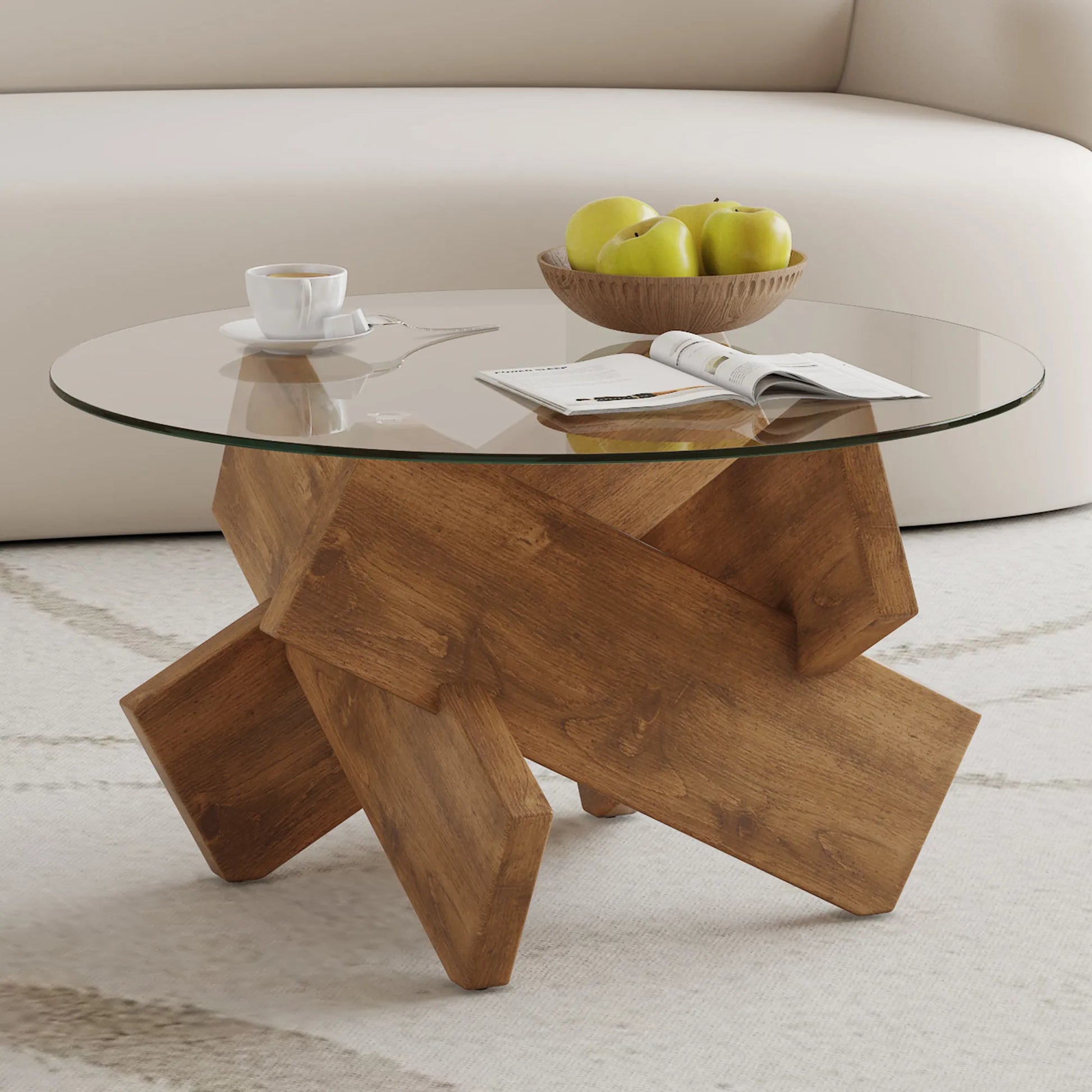 33" Modern Round Glass Top Coffee Table With Wood Legs