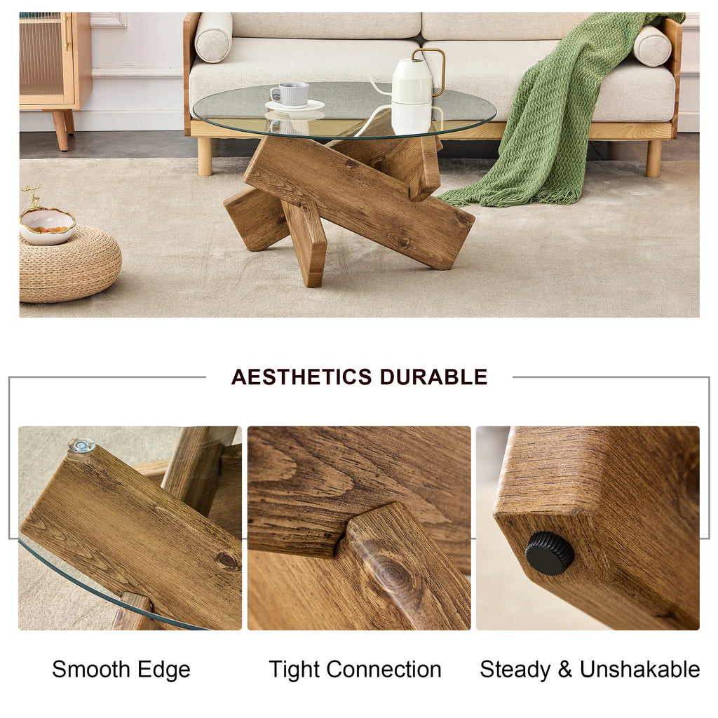 33" Modern Round Glass Top Coffee Table With Wood Legs
