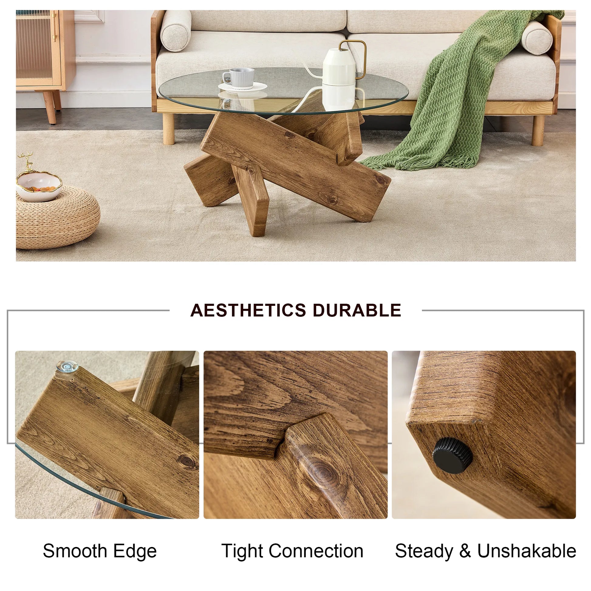 33" Modern Round Glass Top Coffee Table With Wood Legs