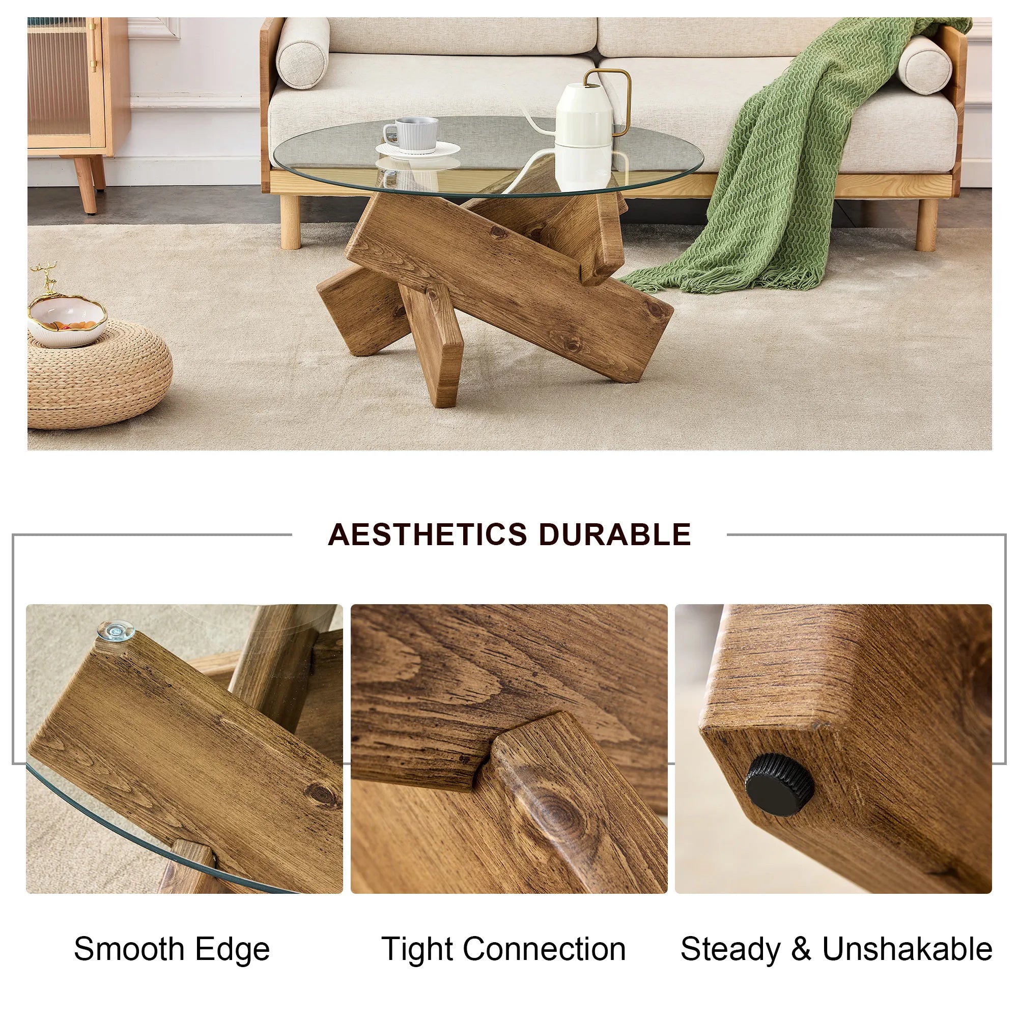 33" Modern Round Glass Top Coffee Table With Wood Legs