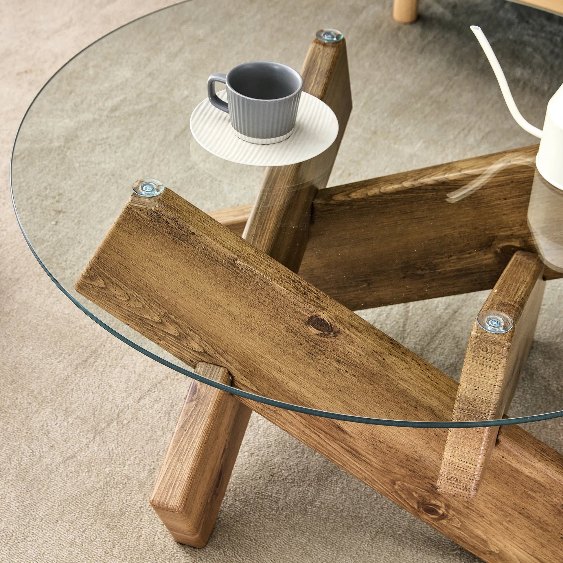 33" Modern Round Glass Top Coffee Table With Wood Legs