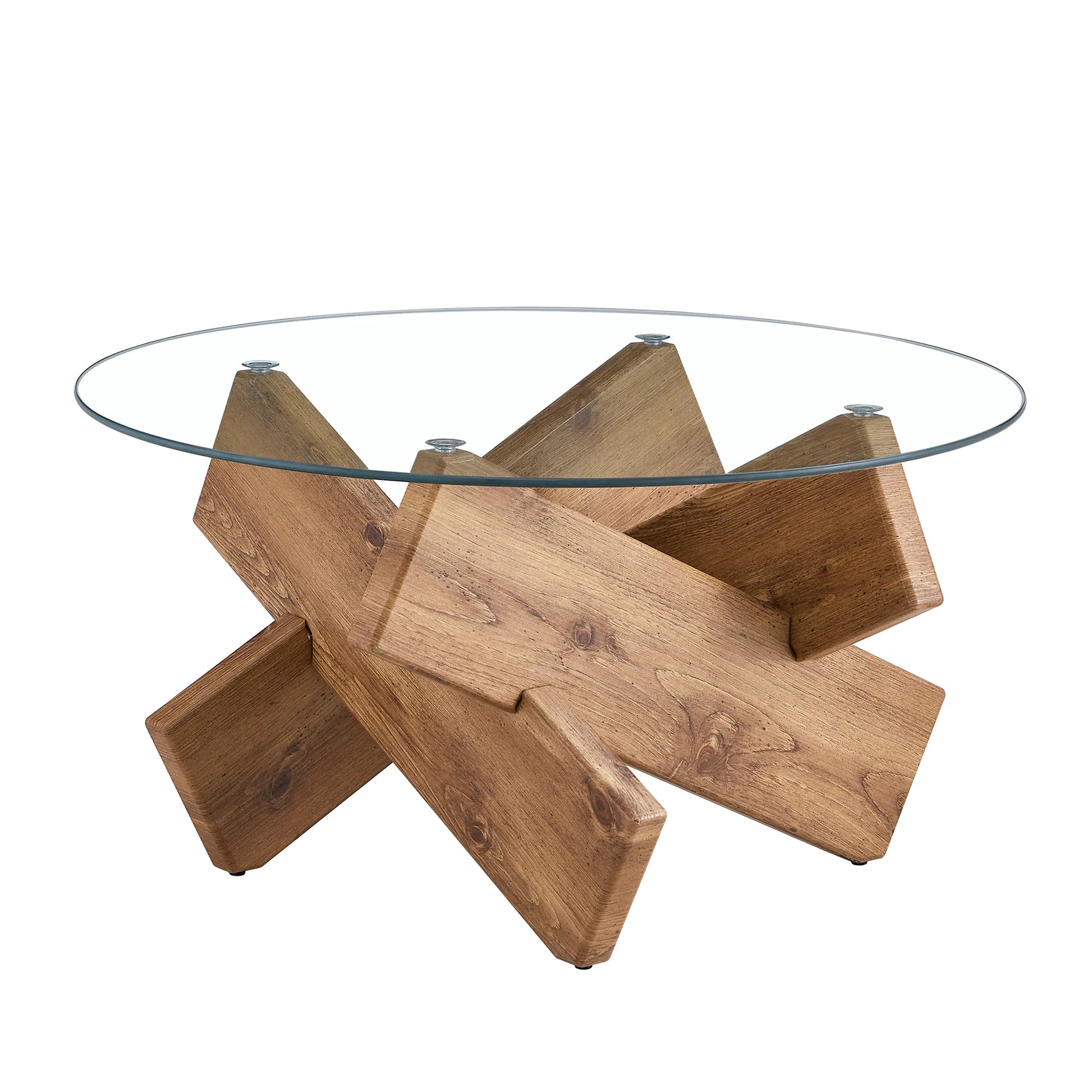 33" Modern Round Glass Top Coffee Table With Wood Legs