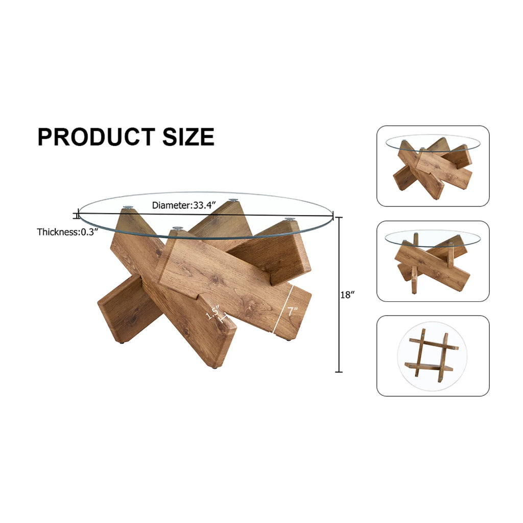 33" Modern Round Glass Top Coffee Table With Wood Legs