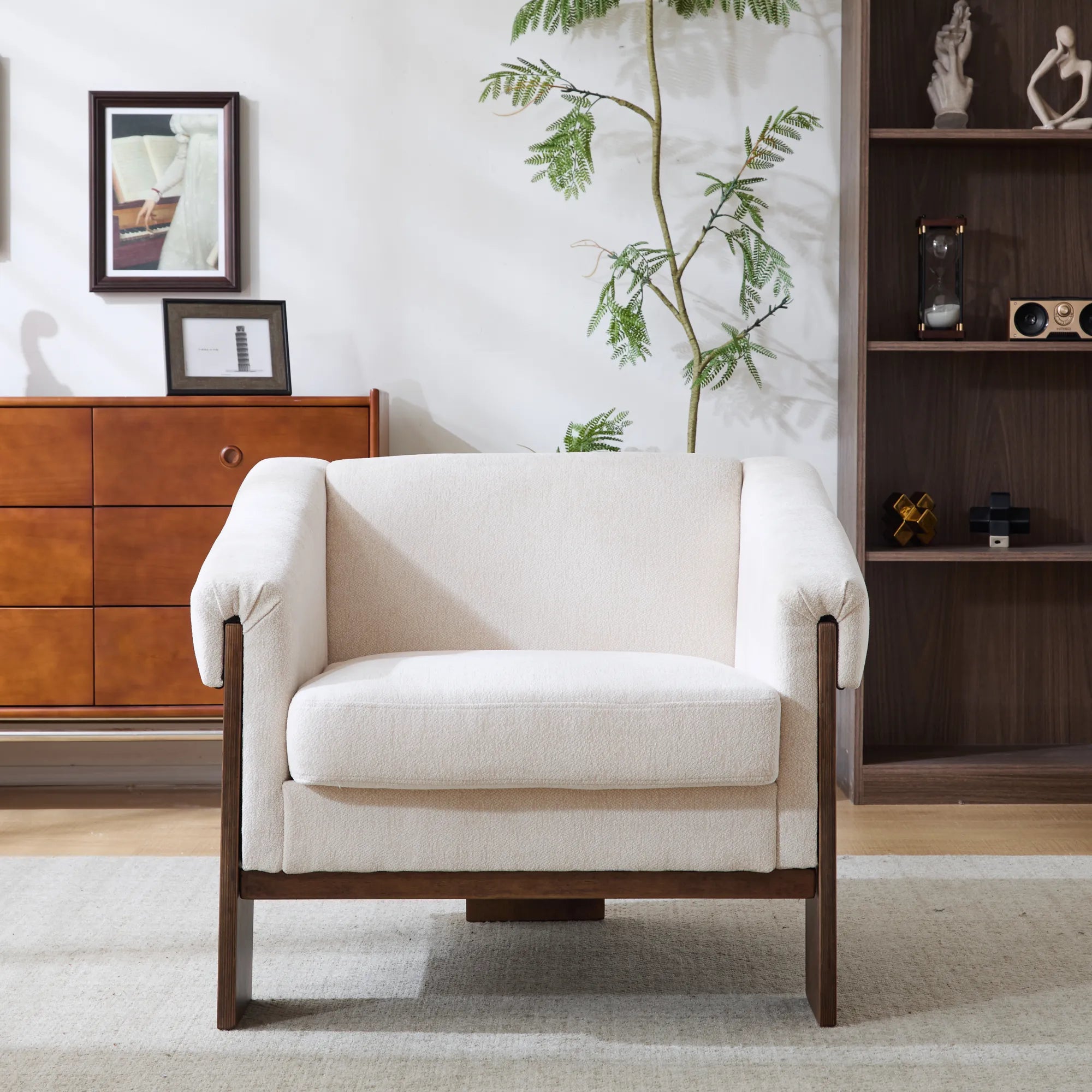 34" Beige Deep Comfort Fabric Mid-Century Modern Accent Chair