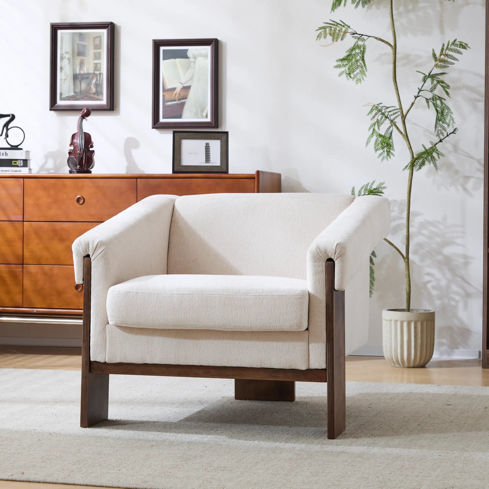 34" Beige Deep Comfort Fabric Mid-Century Modern Accent Chair