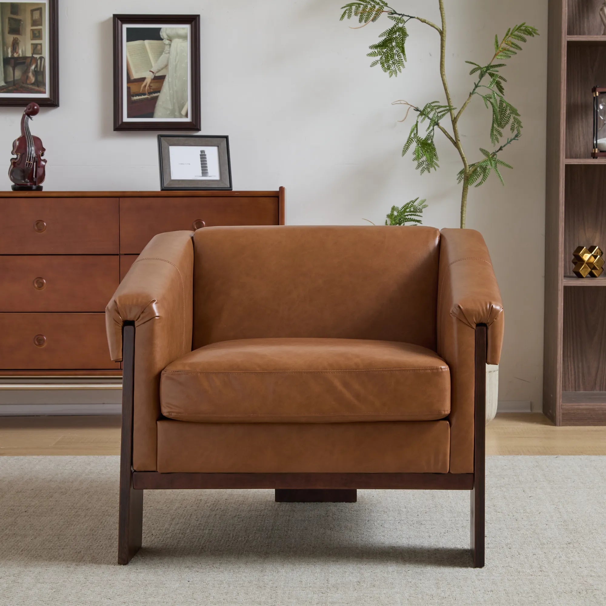 34" Brown Deep Comfort PU Leather Mid-Century Modern Accent Chair