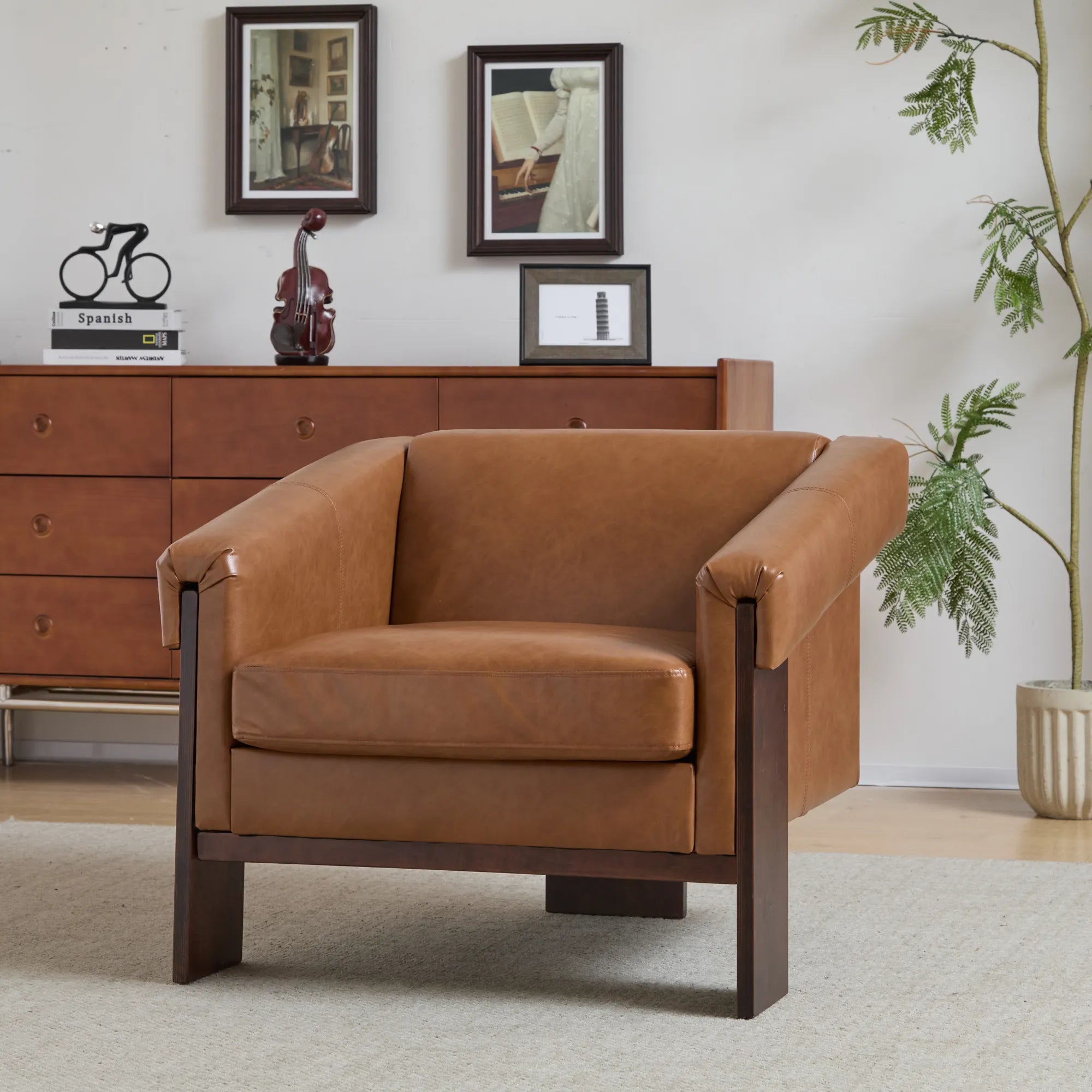 34" Brown Deep Comfort PU Leather Mid-Century Modern Accent Chair