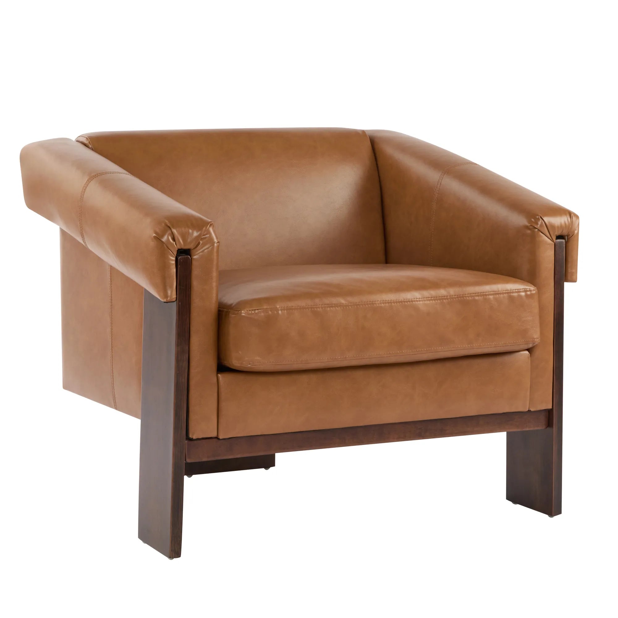 34" Brown Deep Comfort PU Leather Mid-Century Modern Accent Chair