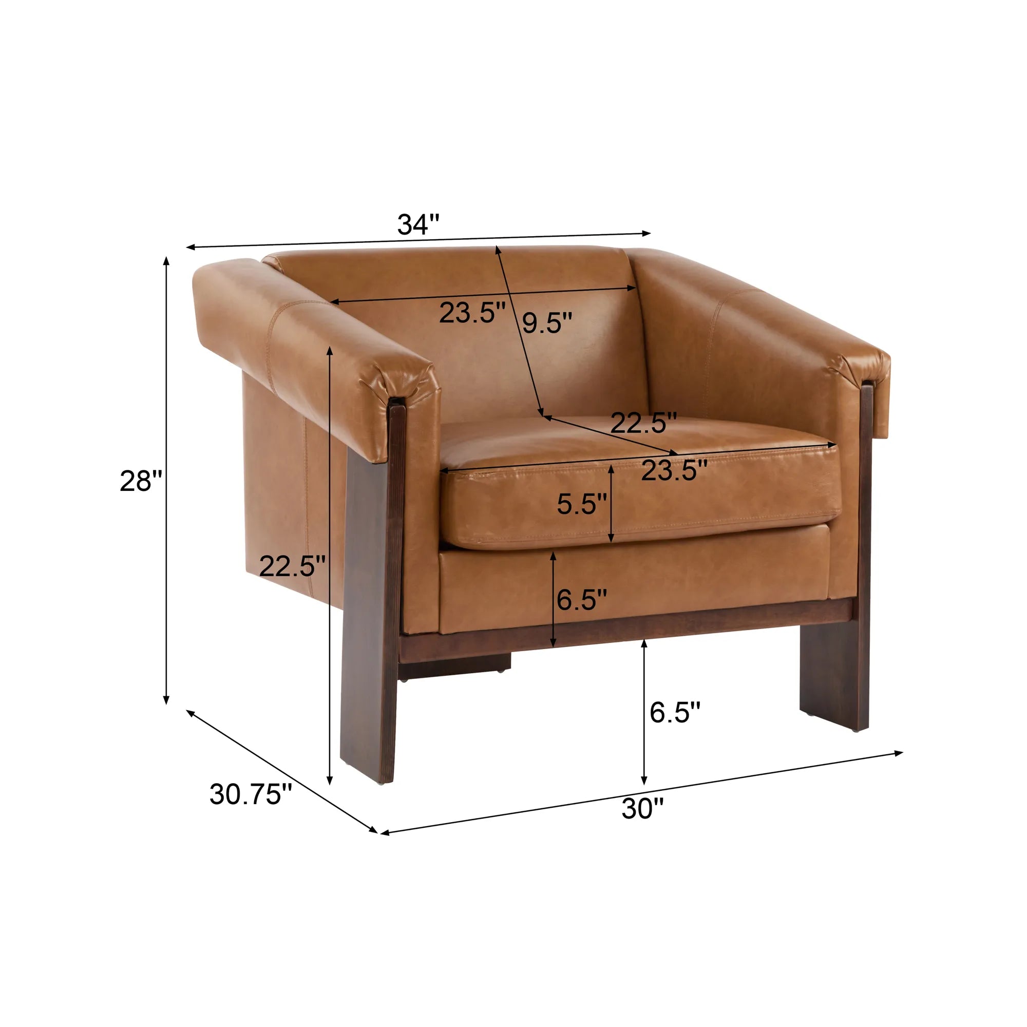 34" Brown Deep Comfort PU Leather Mid-Century Modern Accent Chair