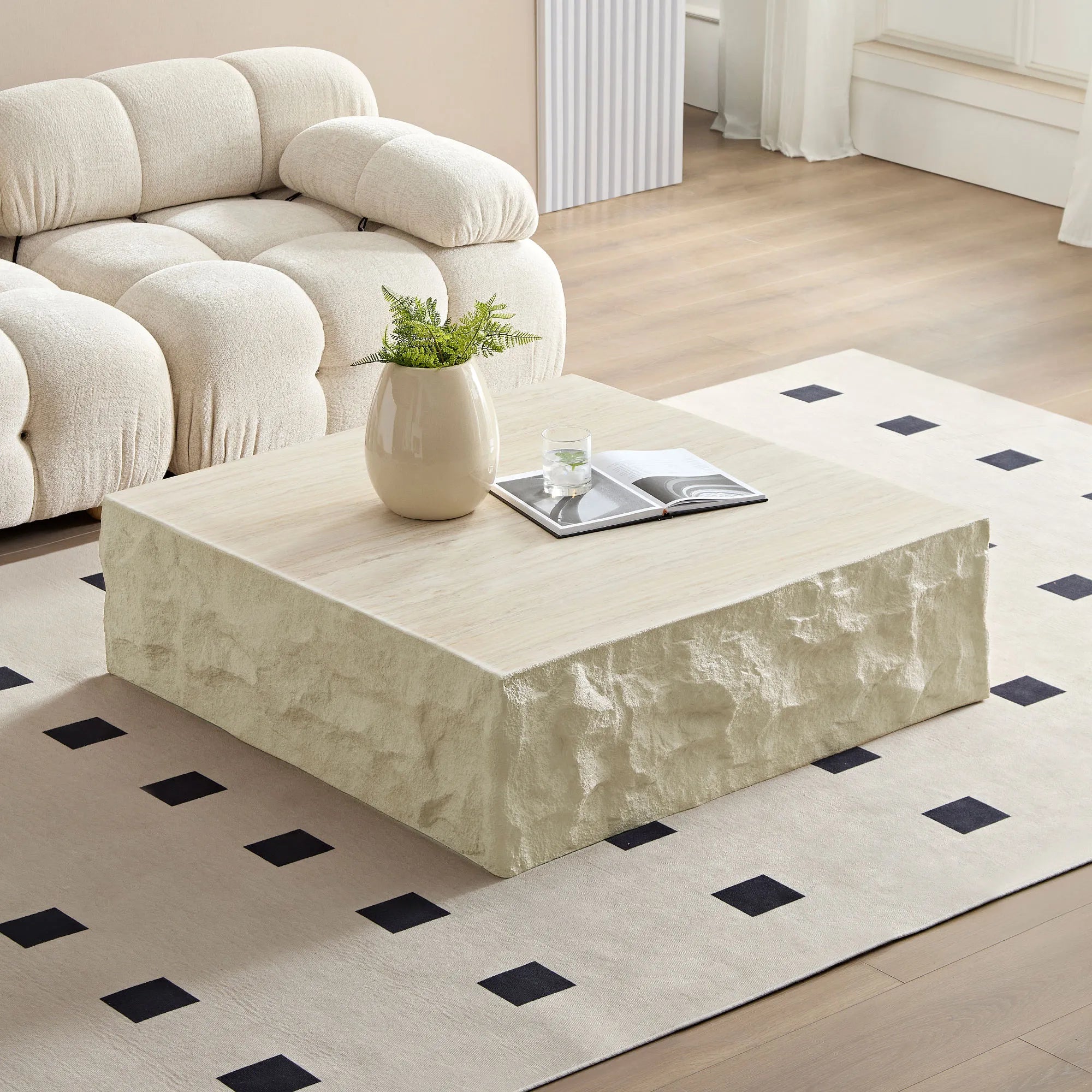 35" Beige Square Fiberglass Faux Stone Coffee Table
