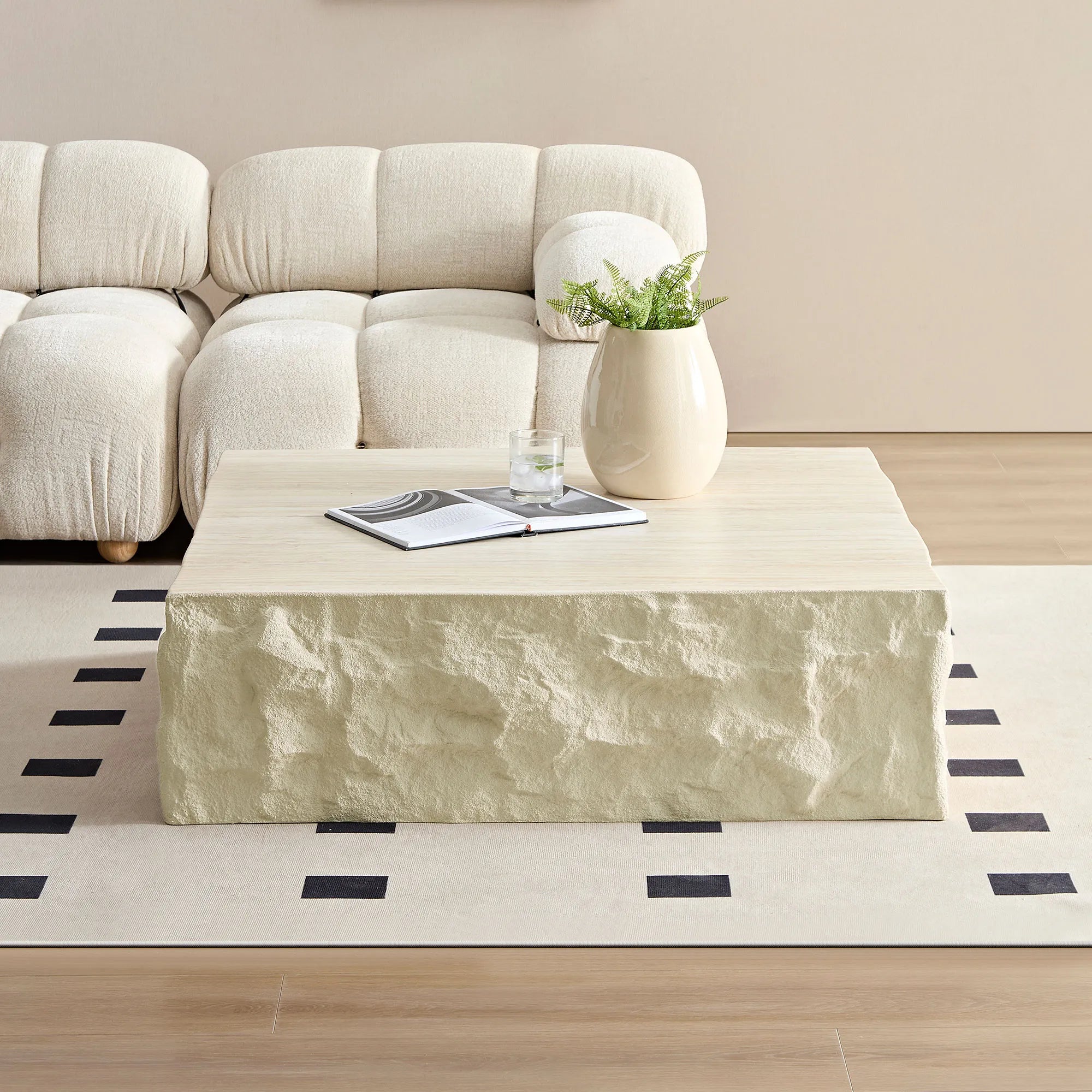 35" Beige Square Fiberglass Faux Stone Coffee Table
