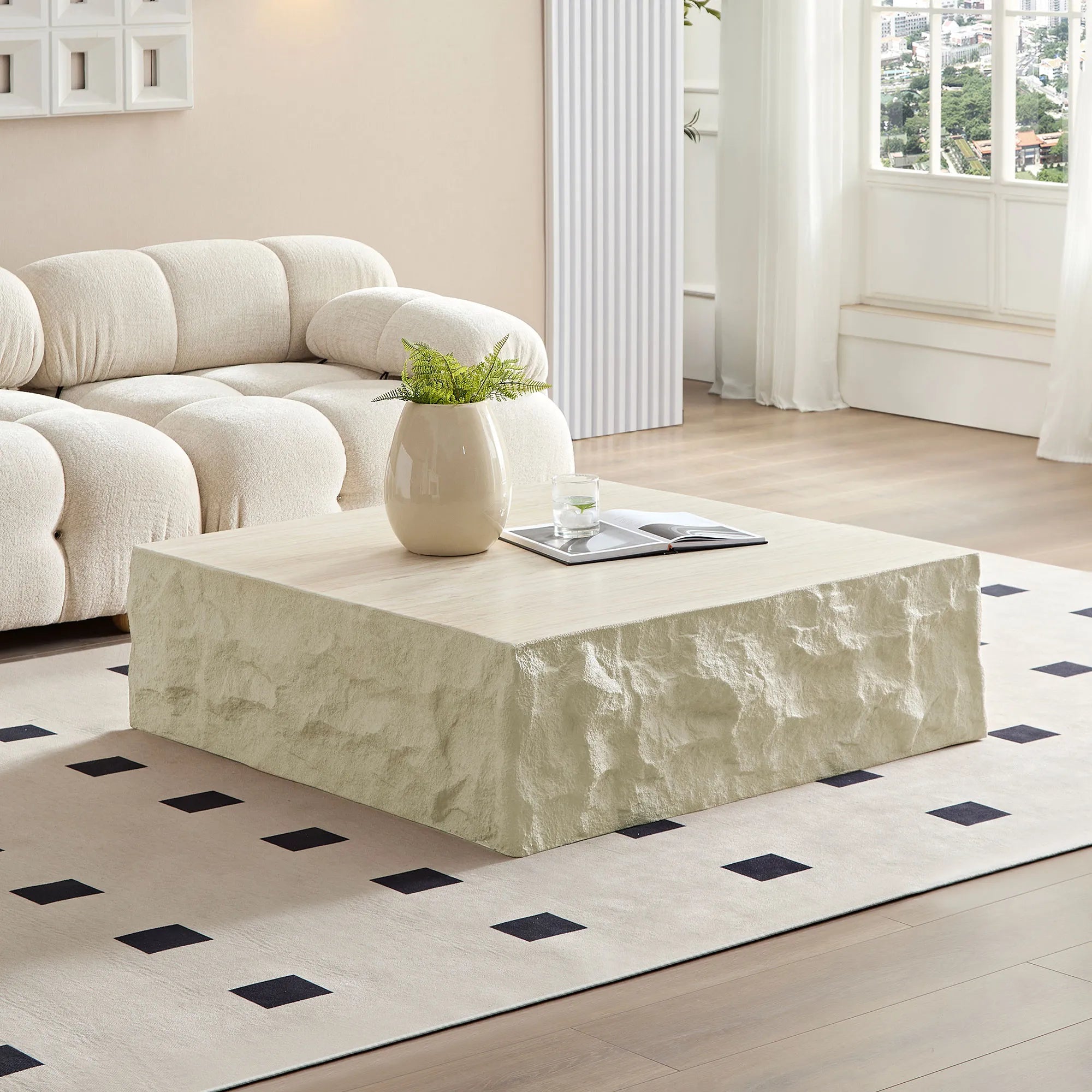 35" Beige Square Fiberglass Faux Stone Coffee Table