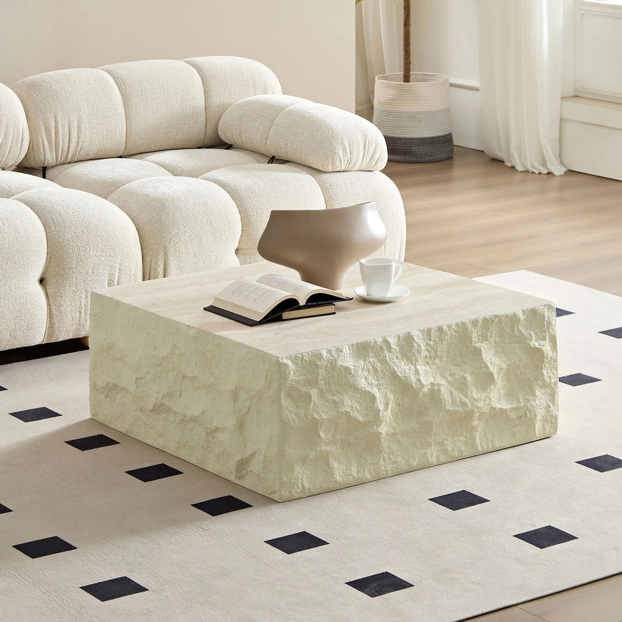 35" Beige Square Fiberglass Faux Stone Coffee Table