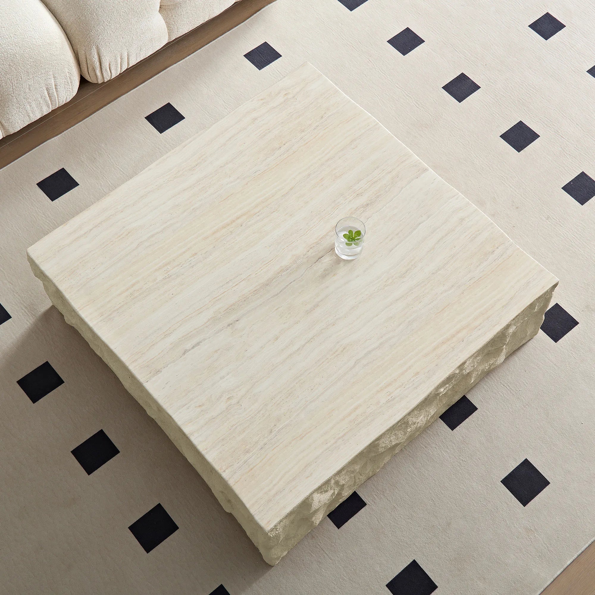 35" Beige Square Fiberglass Faux Stone Coffee Table