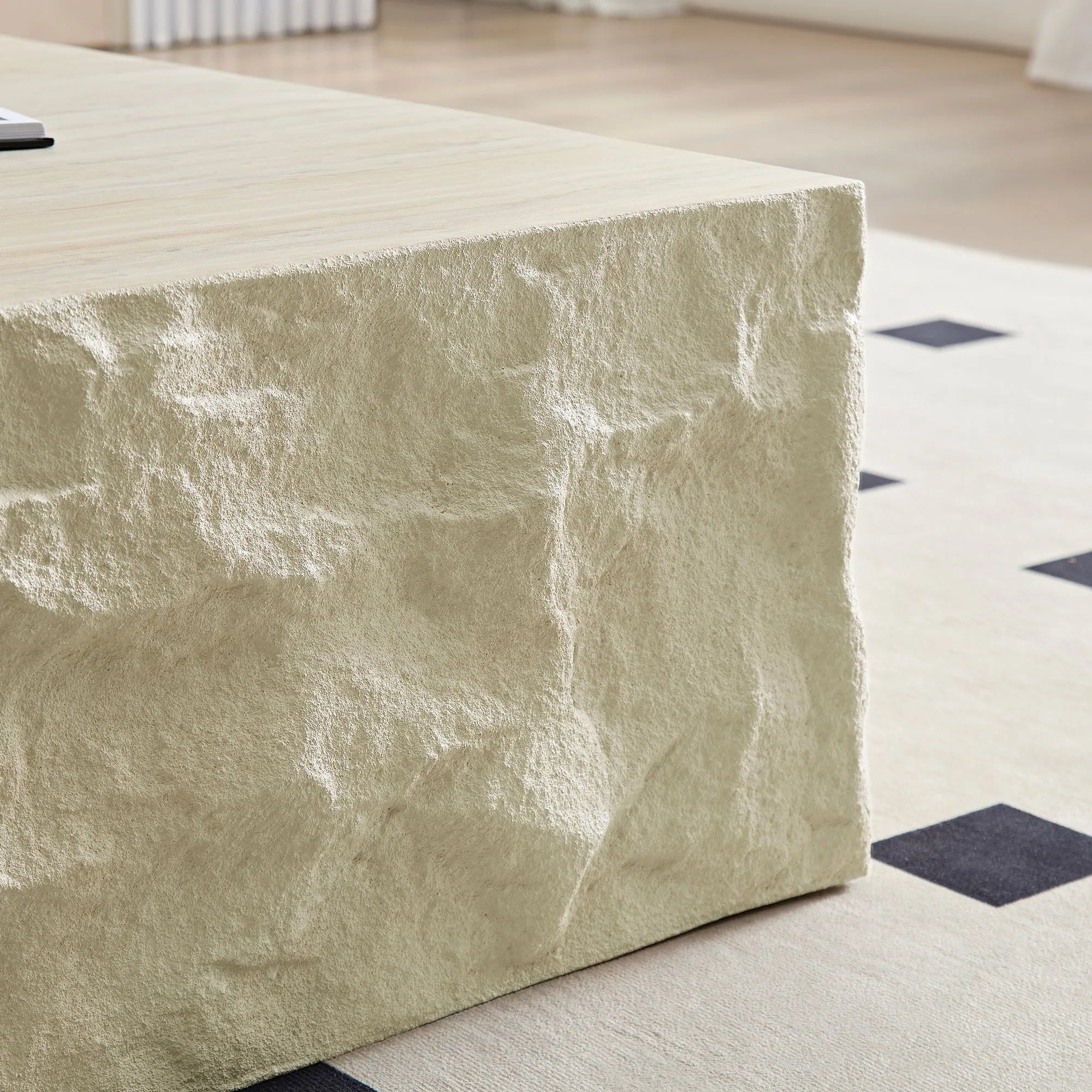 35" Beige Square Fiberglass Faux Stone Coffee Table