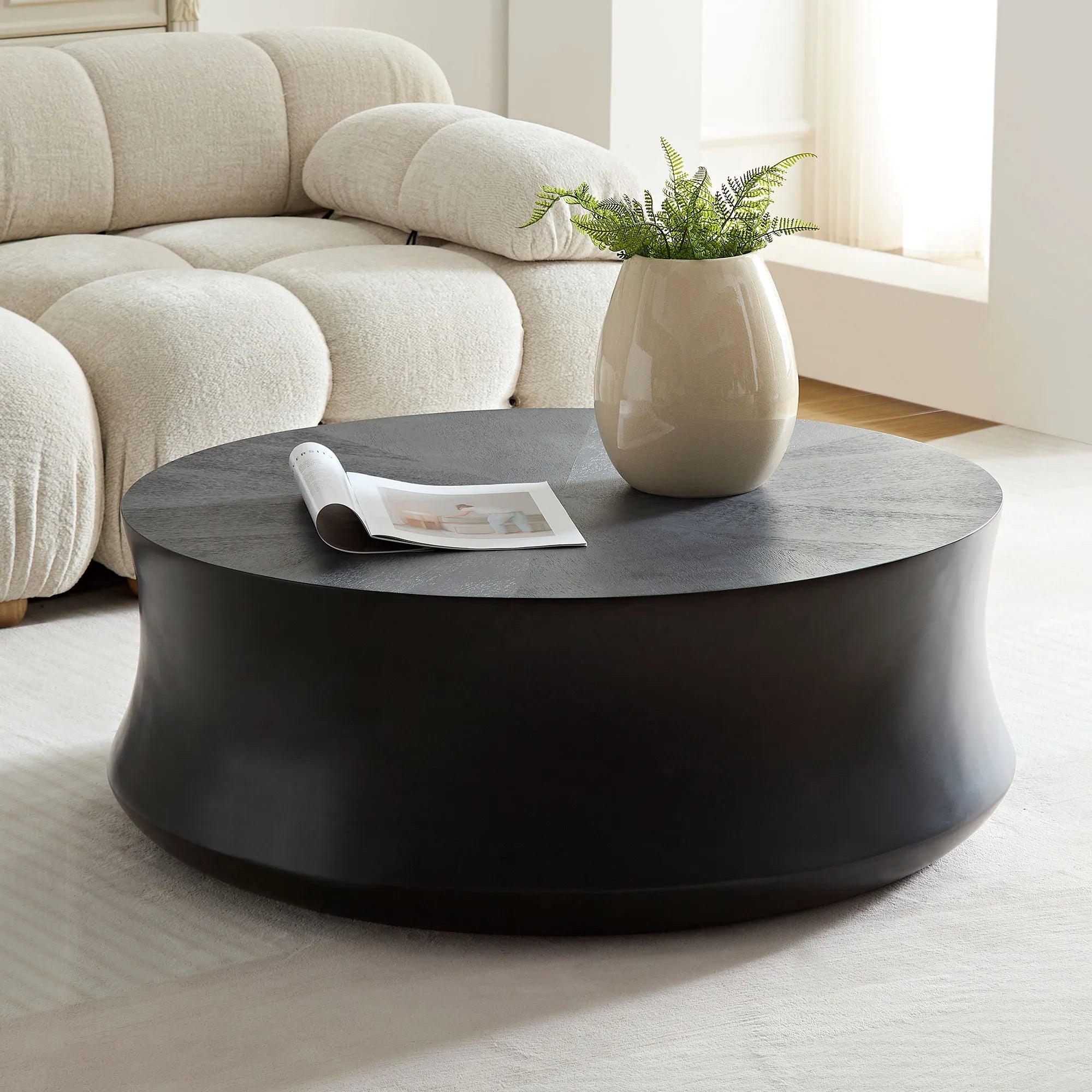 35" Modern Matte Black Fiberglass Round Coffee Table