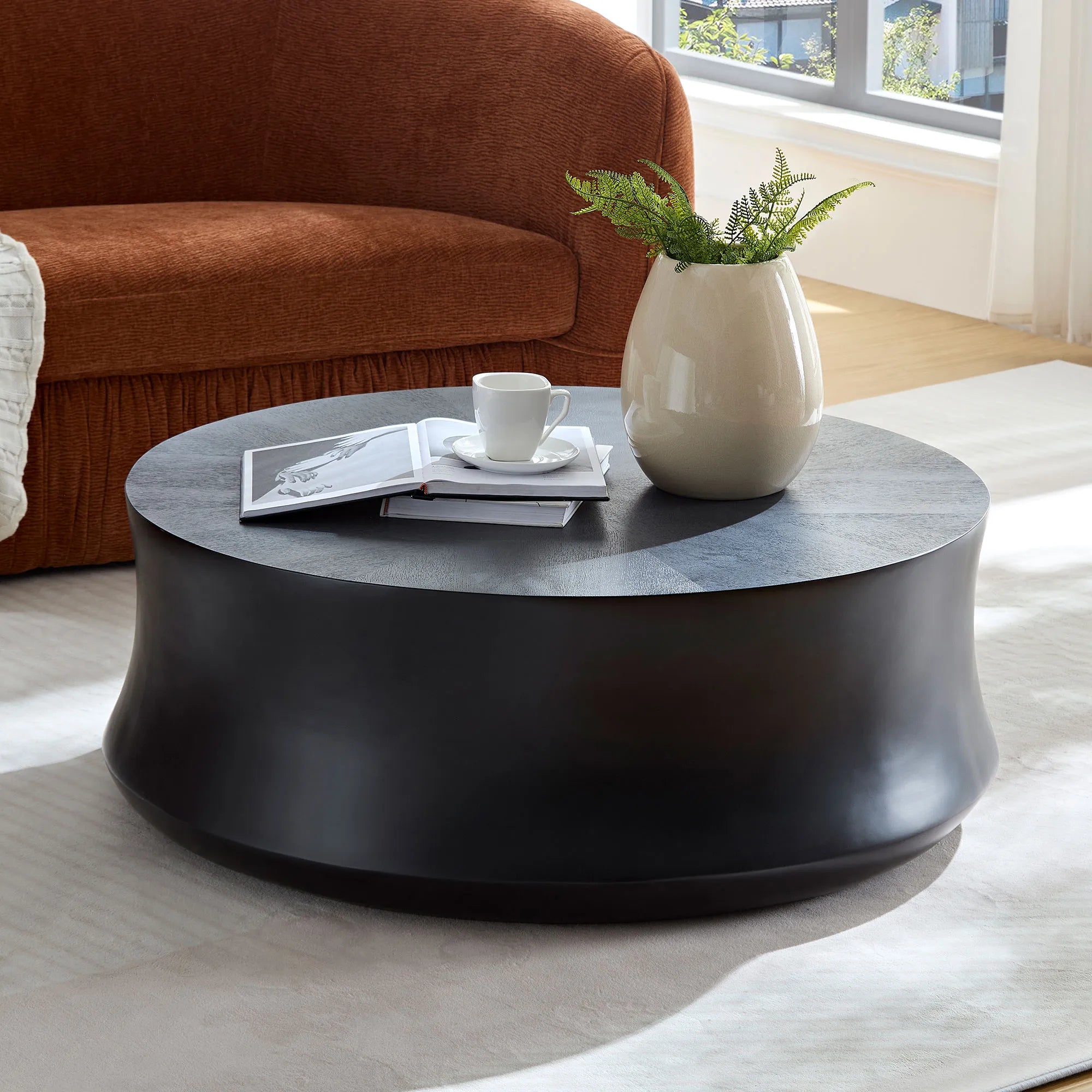 35" Modern Matte Black Fiberglass Round Coffee Table