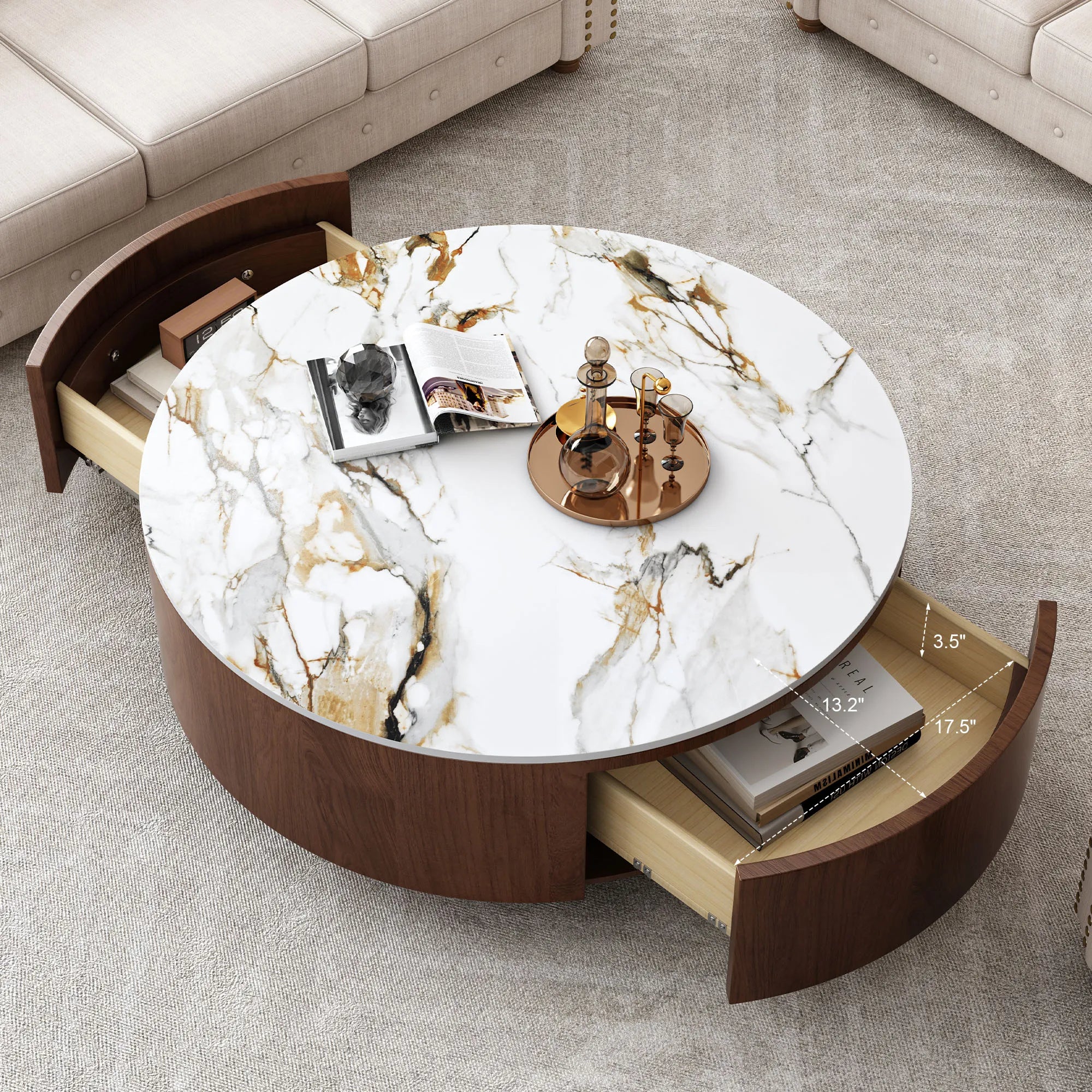 35" Modern Round Coffee Table, Faux Marble Tabletop
