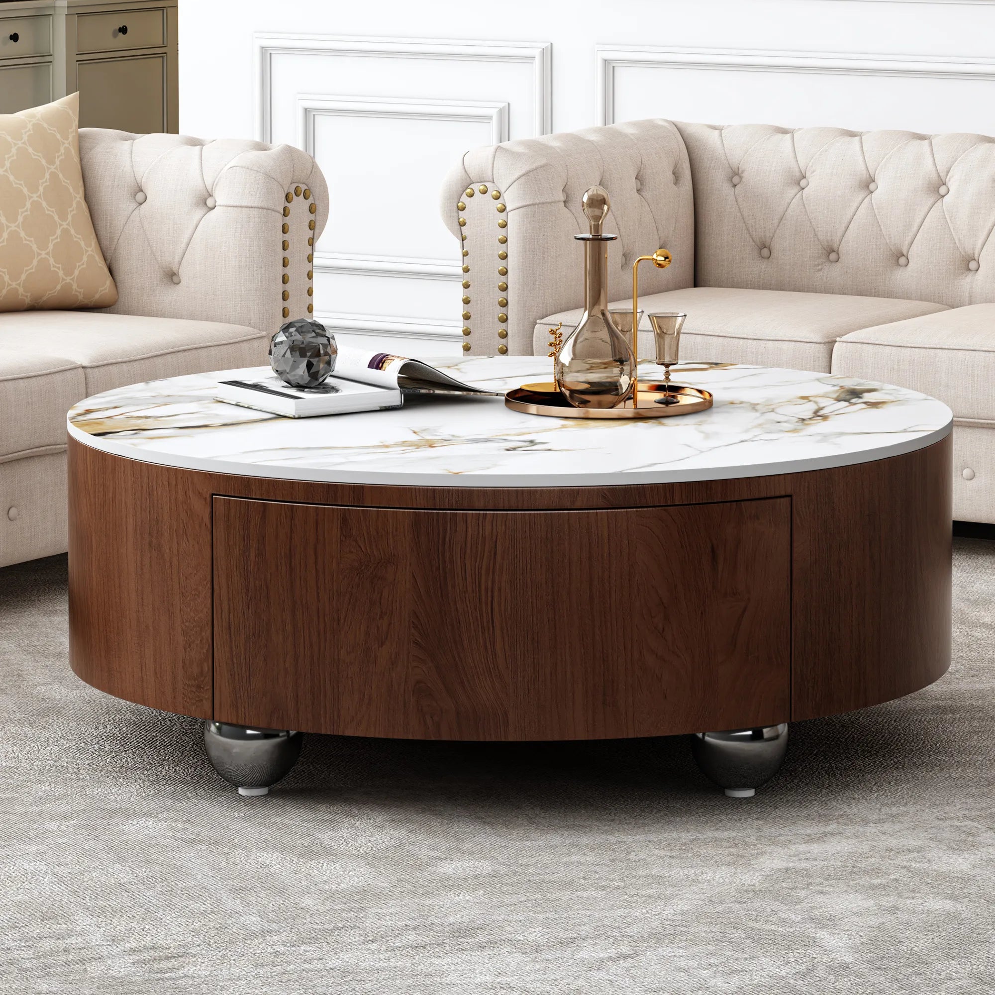 35" Modern Round Coffee Table, Faux Marble Tabletop