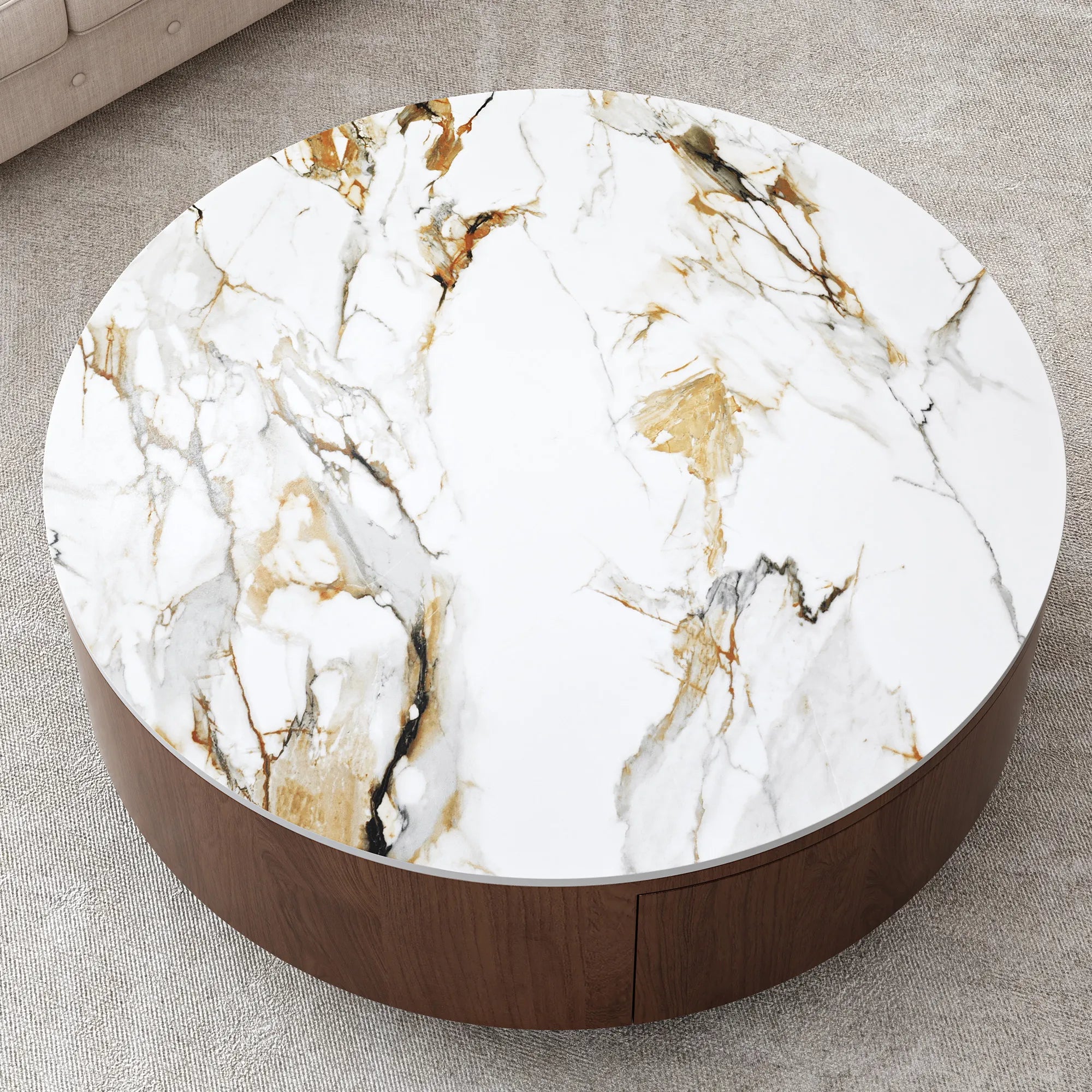 35" Modern Round Coffee Table, Faux Marble Tabletop