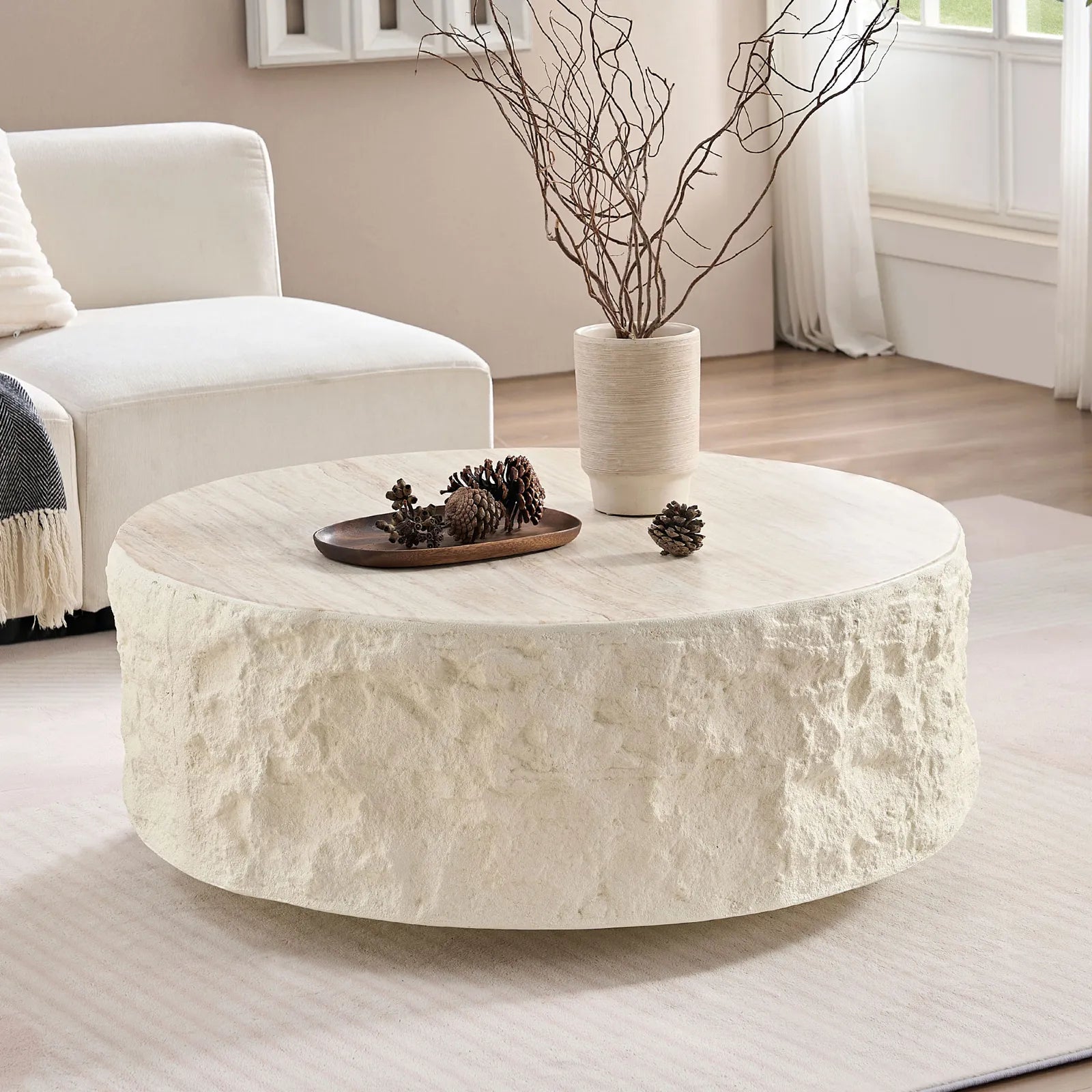 35” Round Fiberglass Coffee Table, Imitation Stone Design