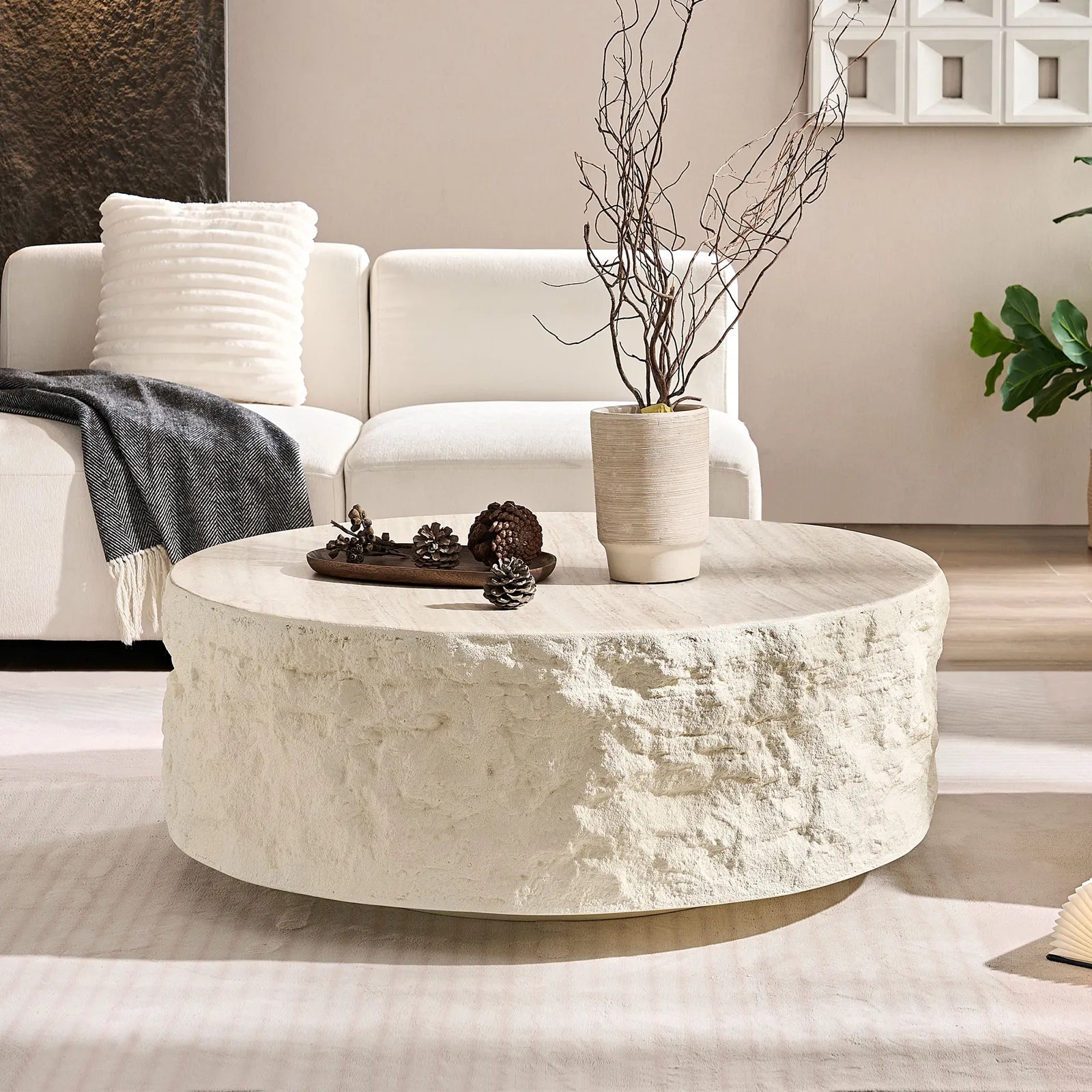 35” Round Fiberglass Coffee Table, Imitation Stone Design