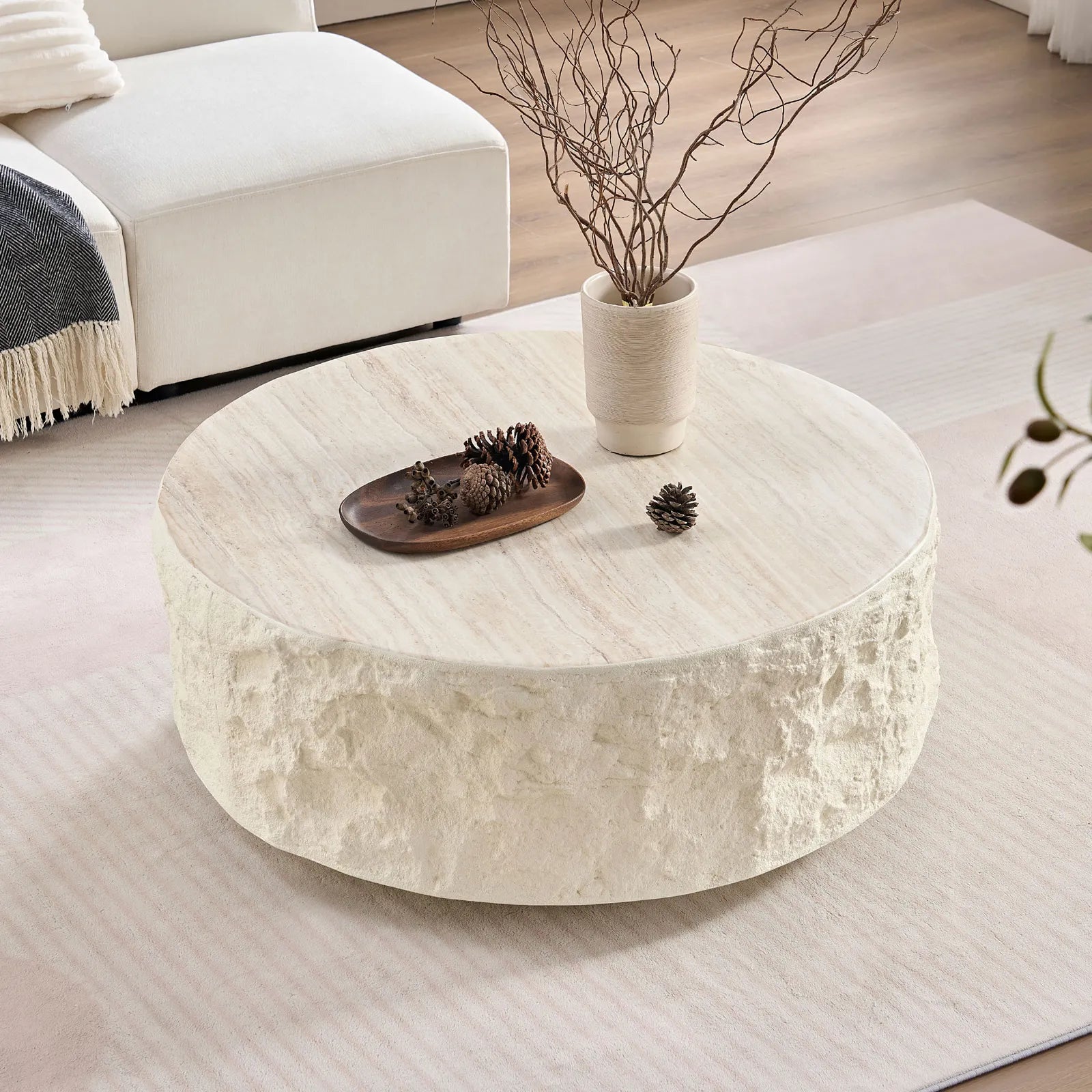 35” Round Fiberglass Coffee Table, Imitation Stone Design