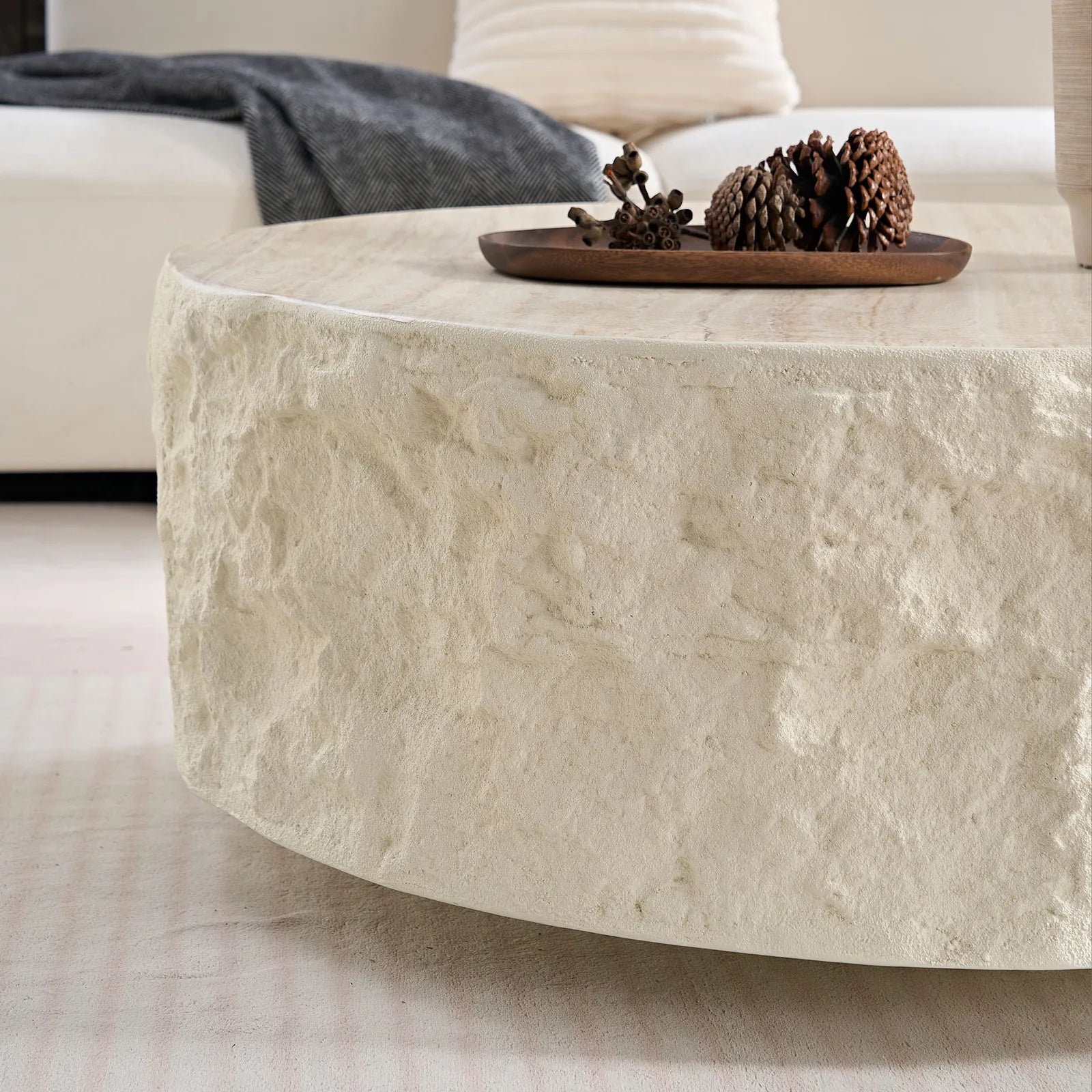 35” Round Fiberglass Coffee Table, Imitation Stone Design