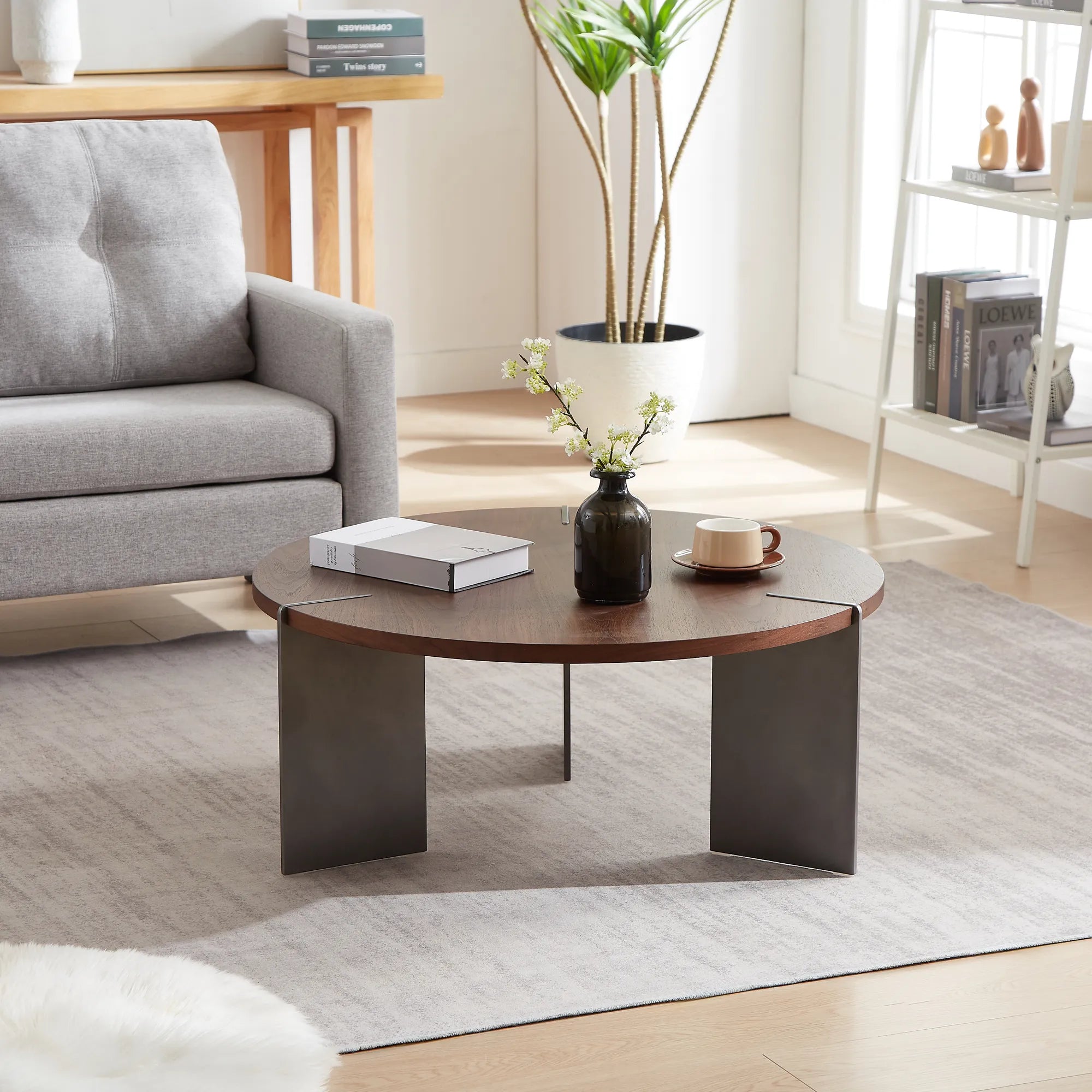 35" Round Walnut Coffee Table With Metal Feet