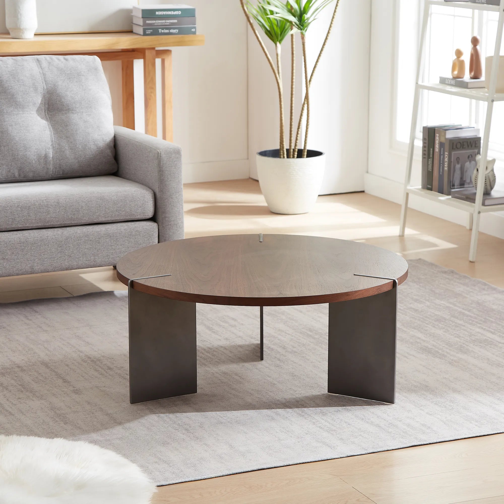 35" Round Walnut Coffee Table With Metal Feet