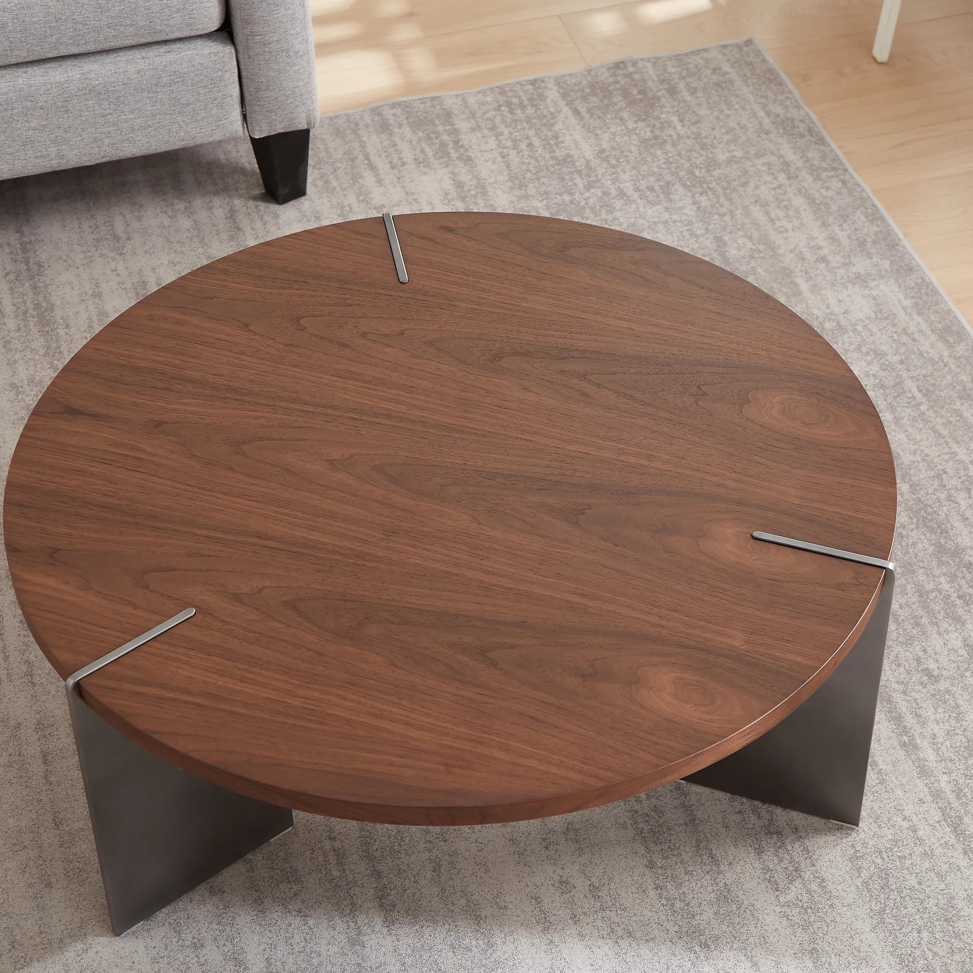 35" Round Walnut Coffee Table With Metal Feet