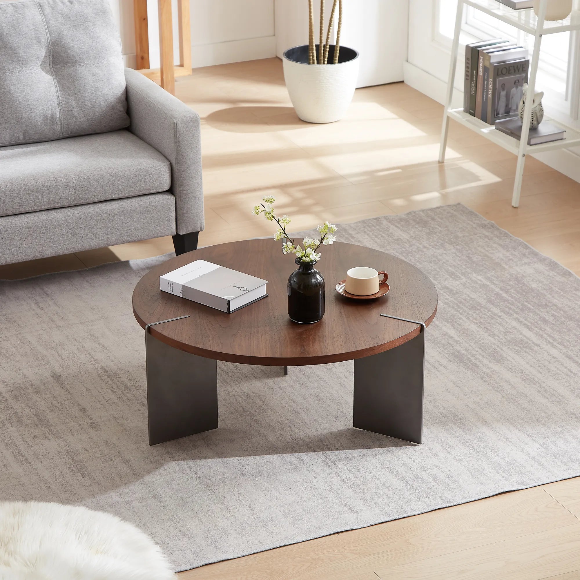 35" Round Walnut Coffee Table With Metal Feet