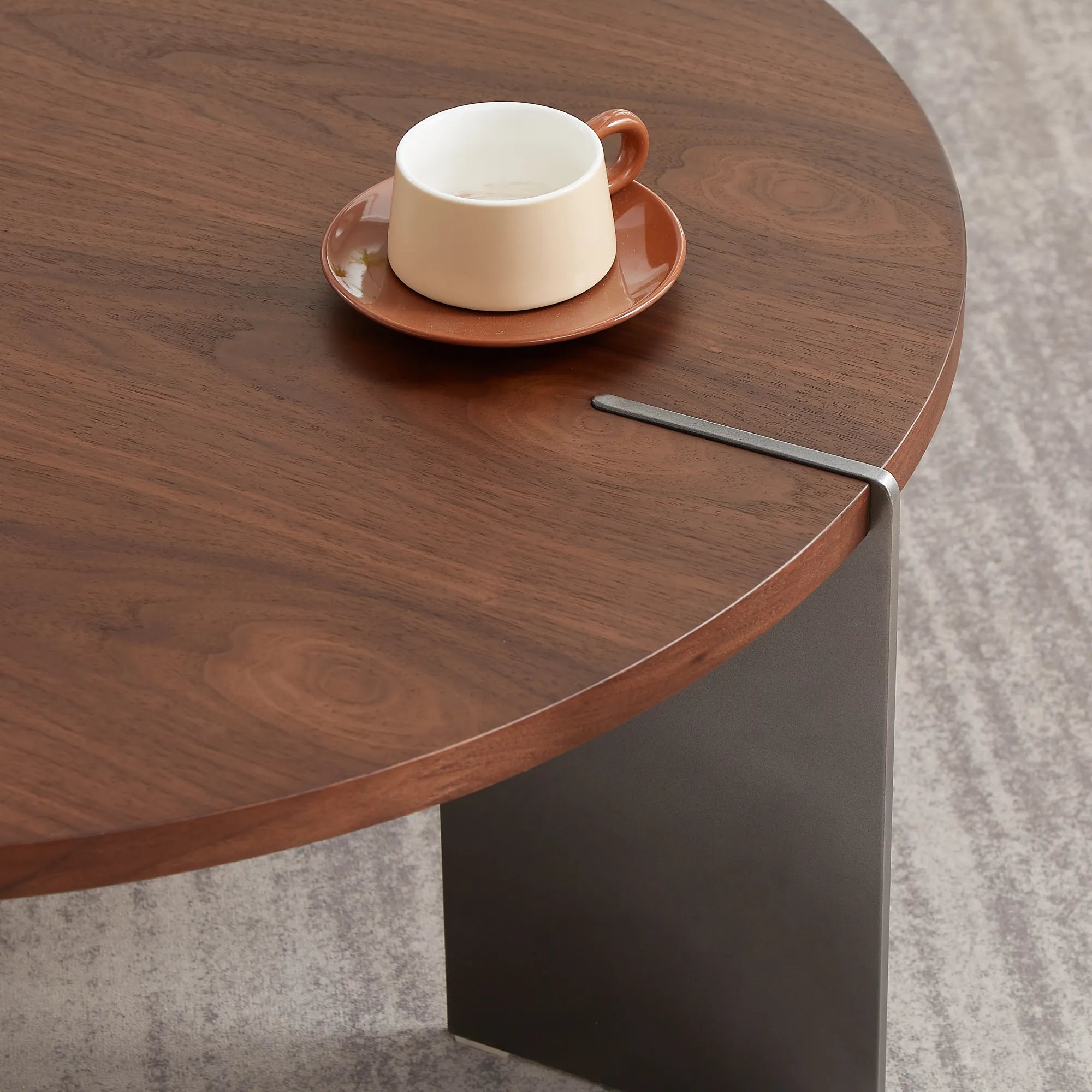 35" Round Walnut Coffee Table With Metal Feet