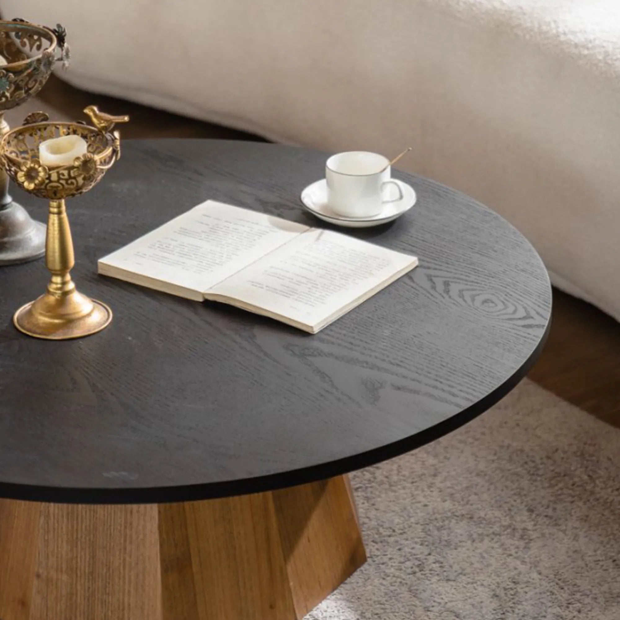 35" Round Wood Coffee Table with Sturdy Pedestal Base