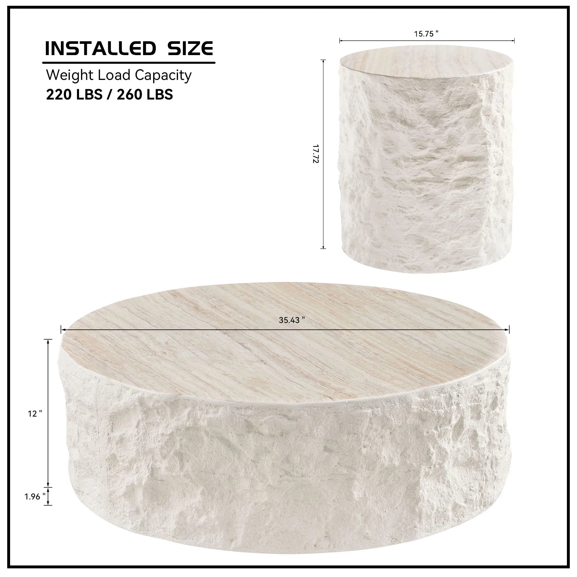 35” Round Fiberglass Coffee Table, Imitation Stone Design