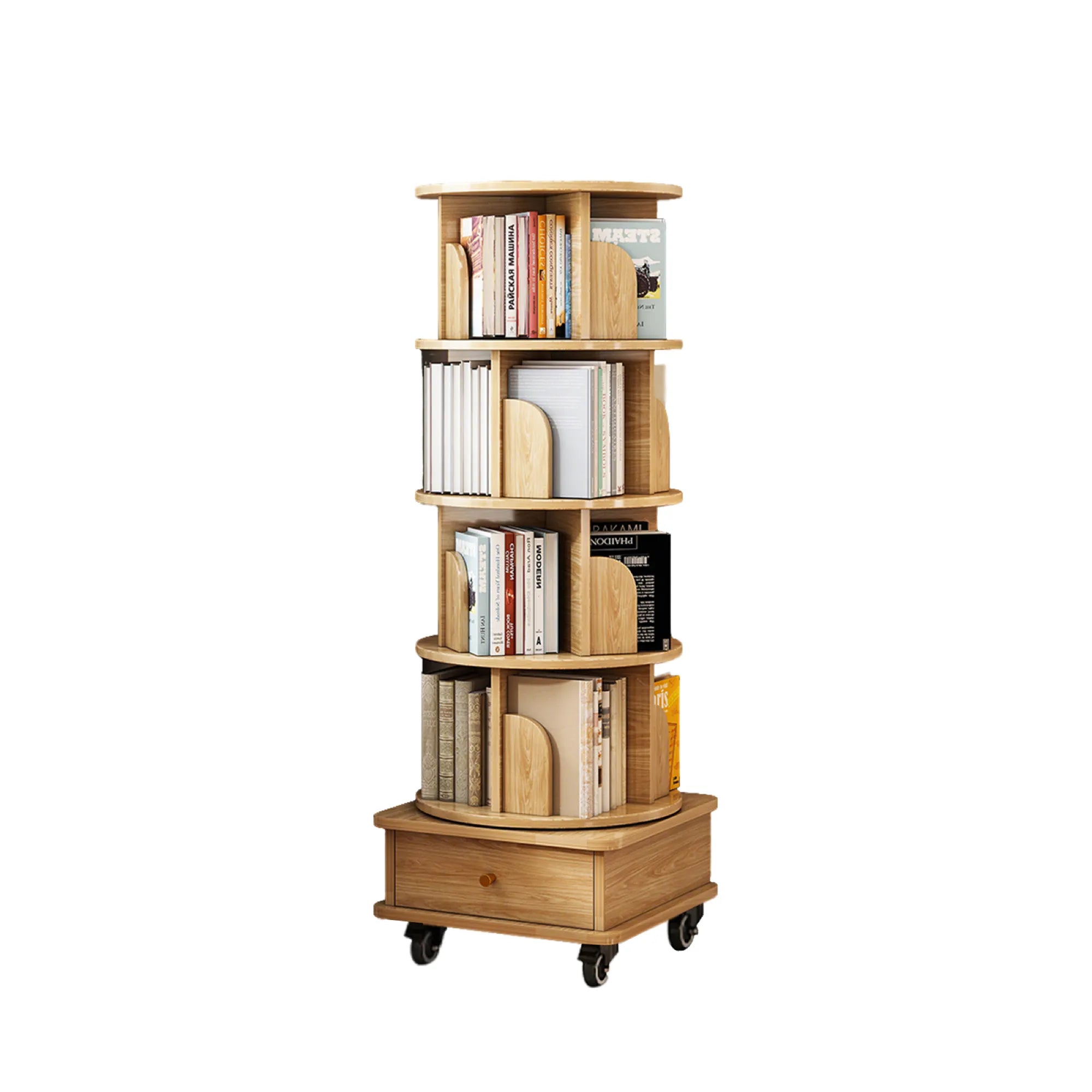 360° Rotating Bookshelf Tower with Drawer & Wheels
