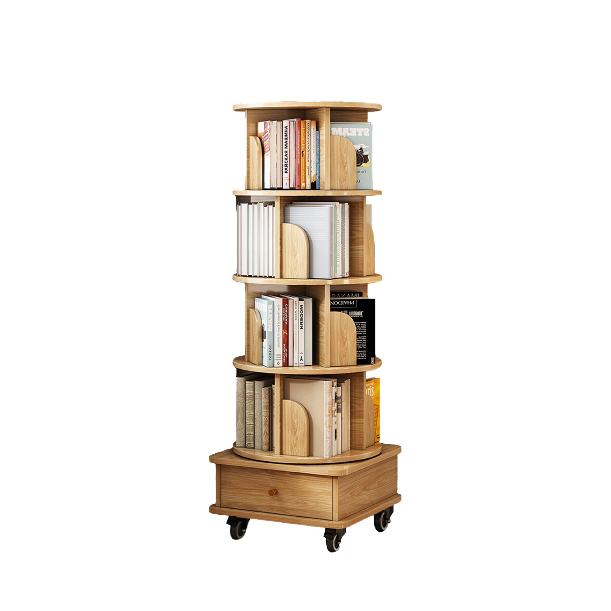 360° Rotating Bookshelf Tower with Drawer & Wheels