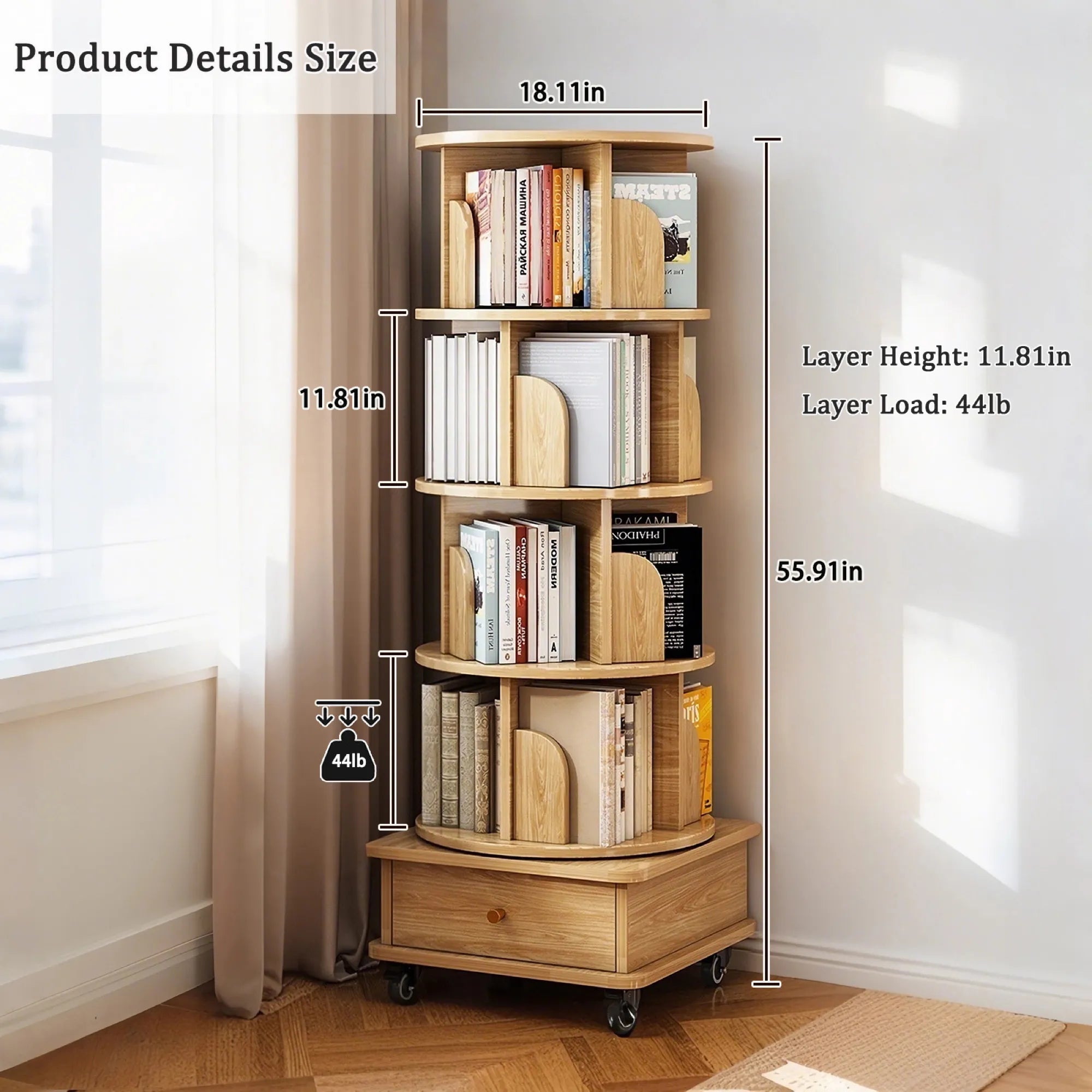 360° Rotating Bookshelf Tower with Drawer & Wheels