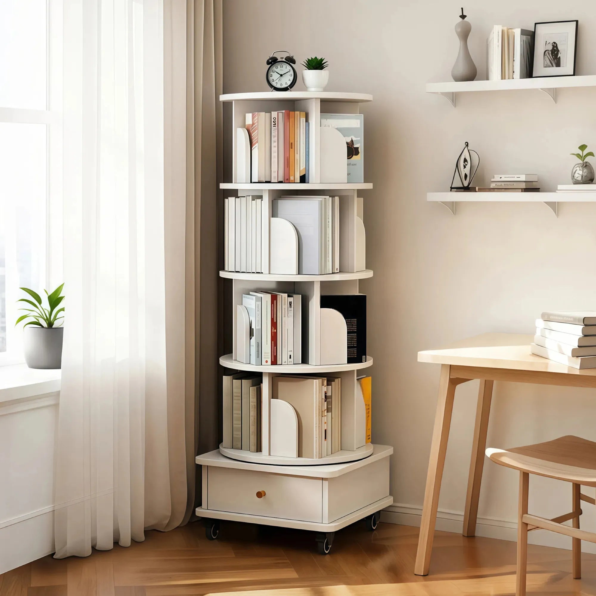 360° Rotating Bookshelf Tower with Drawer & Wheels
